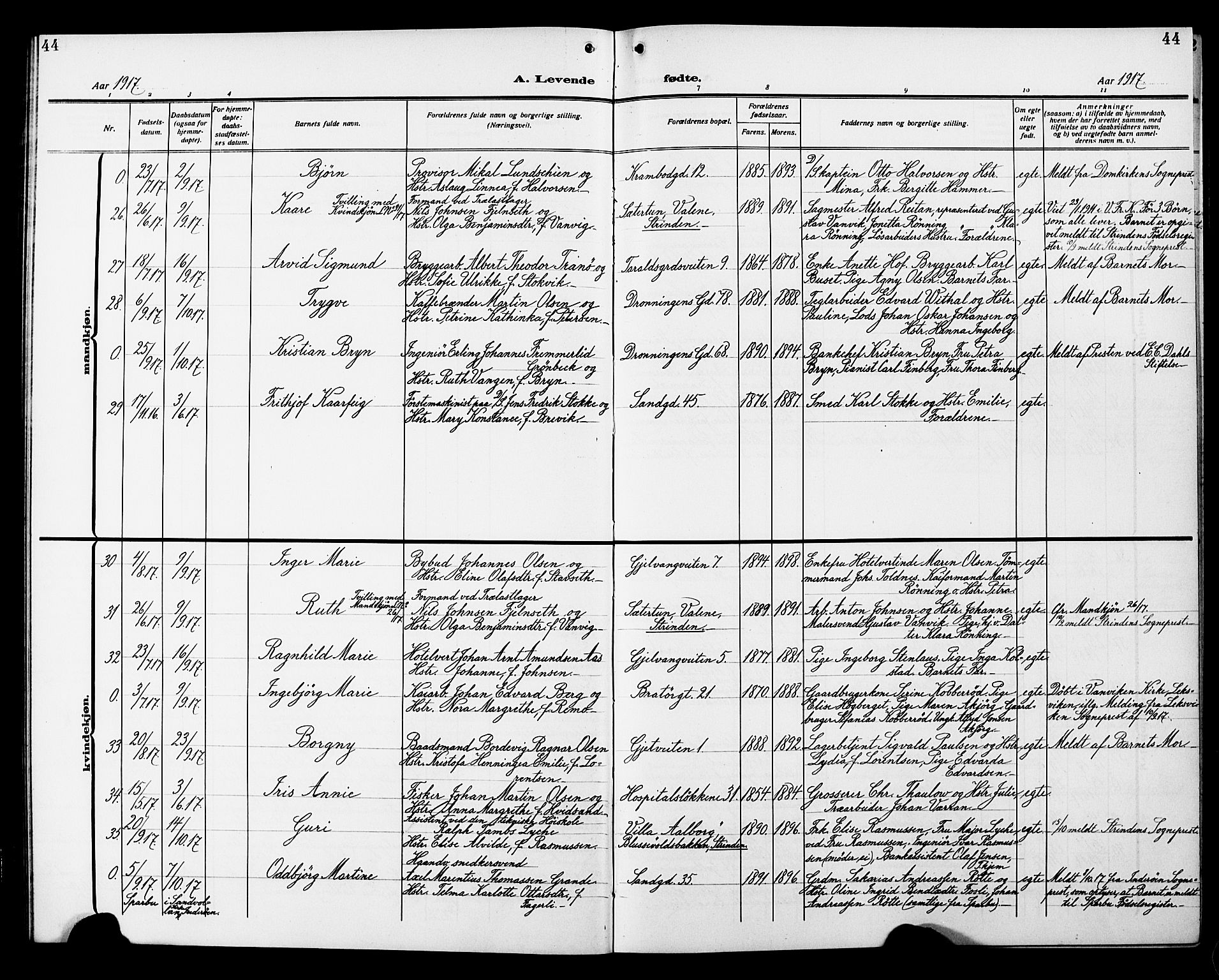 Ministerialprotokoller, klokkerbøker og fødselsregistre - Sør-Trøndelag, AV/SAT-A-1456/602/L0147: Klokkerbok nr. 602C15, 1911-1924, s. 44