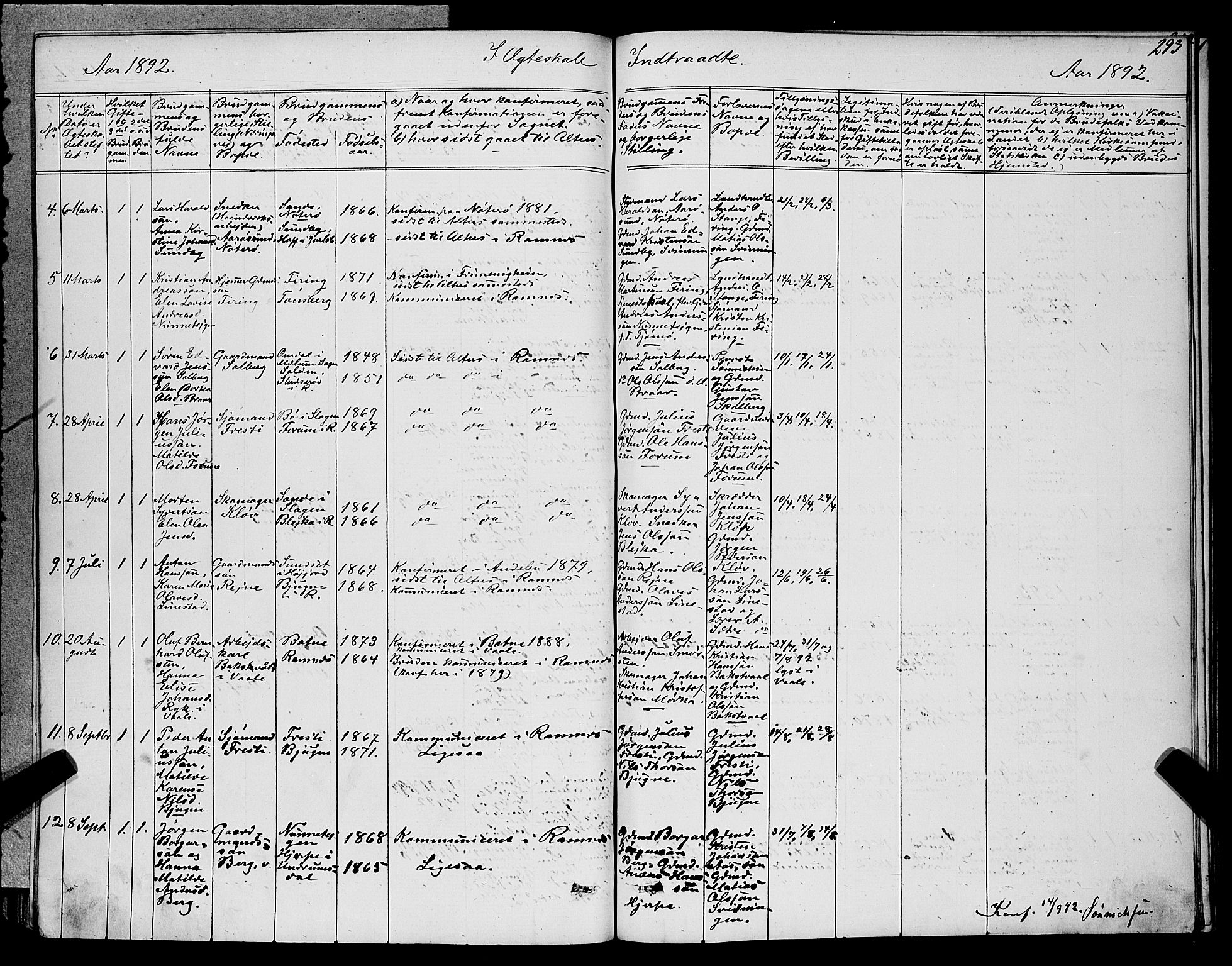 Ramnes kirkebøker, AV/SAKO-A-314/G/Ga/L0003: Klokkerbok nr. I 3, 1870-1896, s. 293