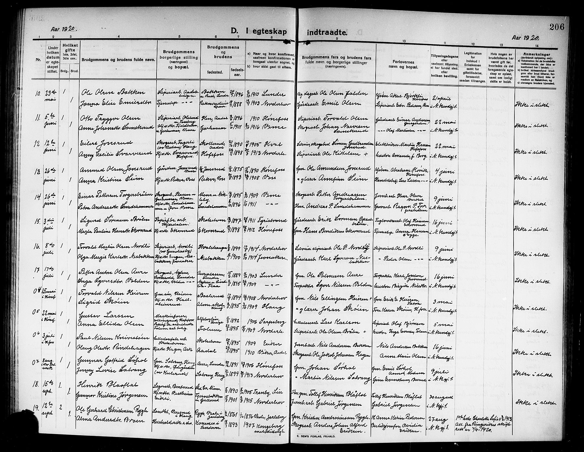 Norderhov kirkebøker, AV/SAKO-A-237/G/Ga/L0009: Klokkerbok nr. I 9, 1913-1920, s. 206