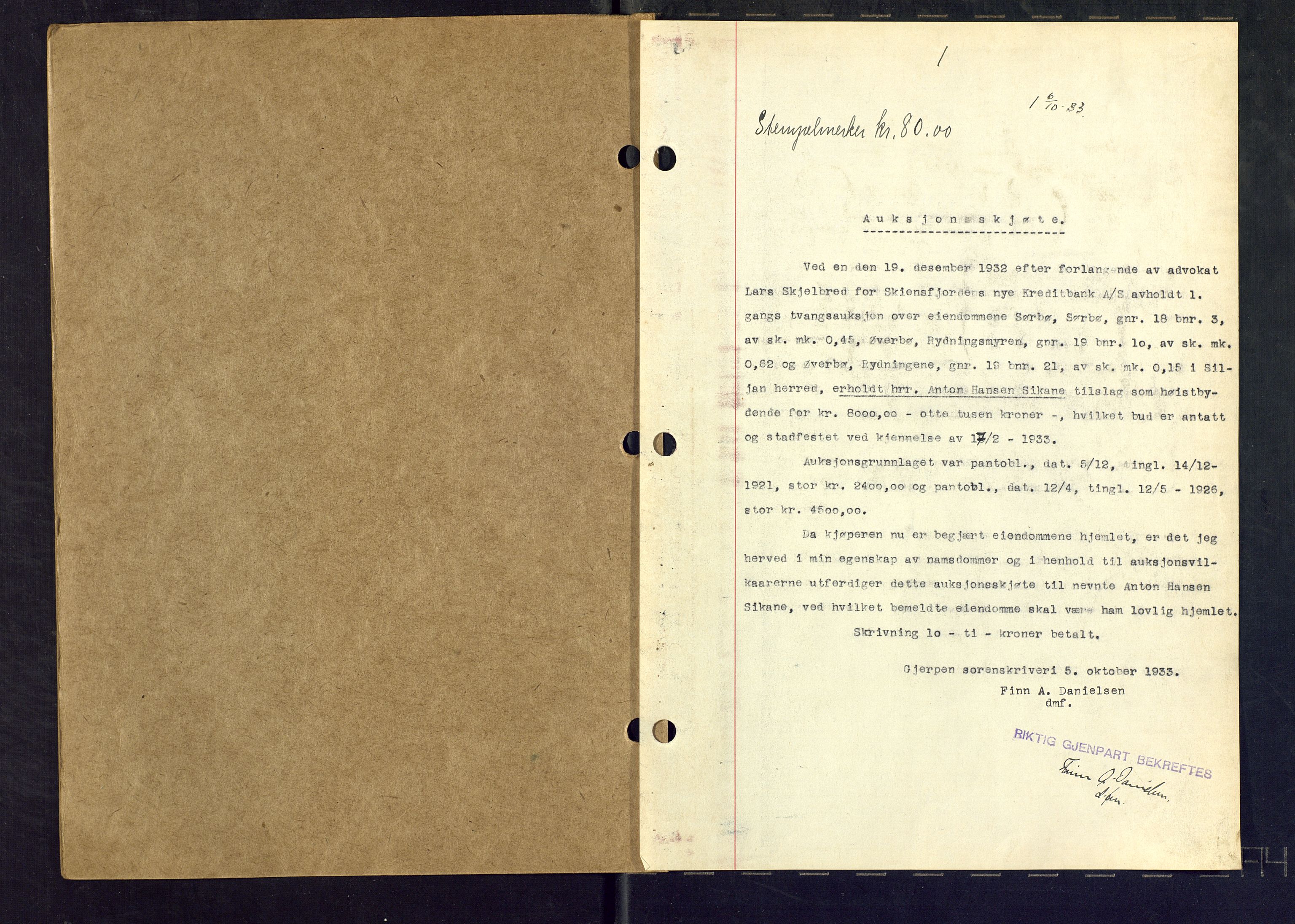 Gjerpen sorenskriveri, SAKO/A-216/G/Ga/Gaa/L0059: Pantebok nr. I 59-60 og 62, 1932-1934, Tingl.dato: 06.10.1933