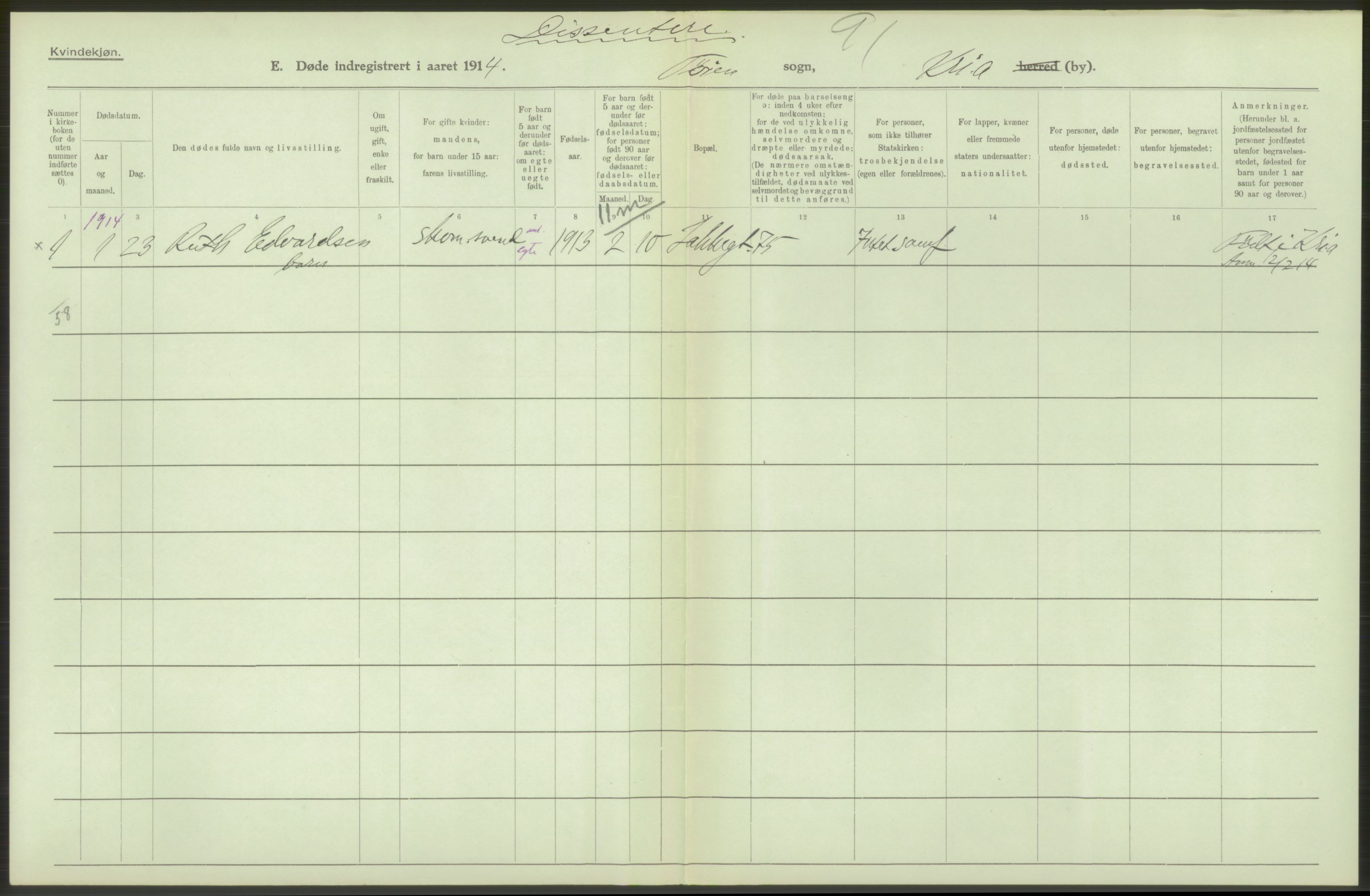 Statistisk sentralbyrå, Sosiodemografiske emner, Befolkning, AV/RA-S-2228/D/Df/Dfb/Dfbd/L0008: Kristiania: Døde, 1914, s. 92