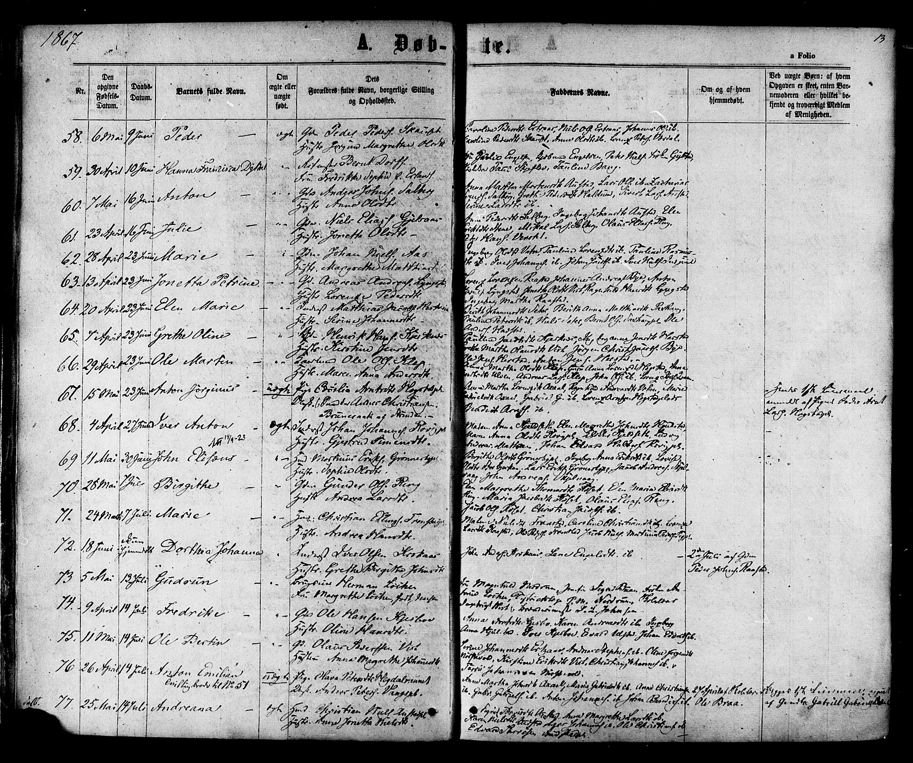 Ministerialprotokoller, klokkerbøker og fødselsregistre - Nord-Trøndelag, SAT/A-1458/730/L0284: Ministerialbok nr. 730A09, 1866-1878, s. 13