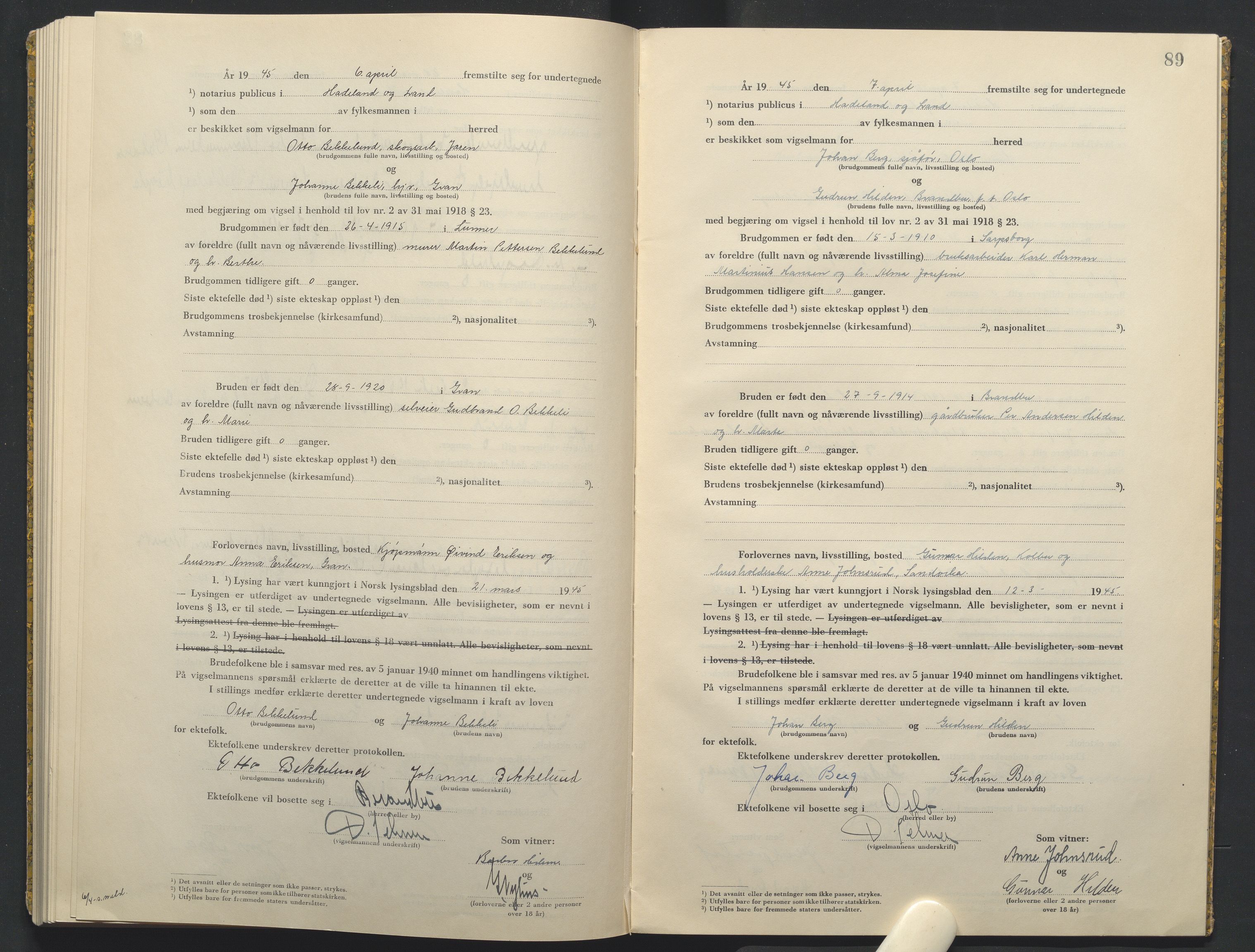 Hadeland og Land tingrett, AV/SAH-TING-010/L/Lb/L0003: Vigselbok, 1944-1946, s. 89