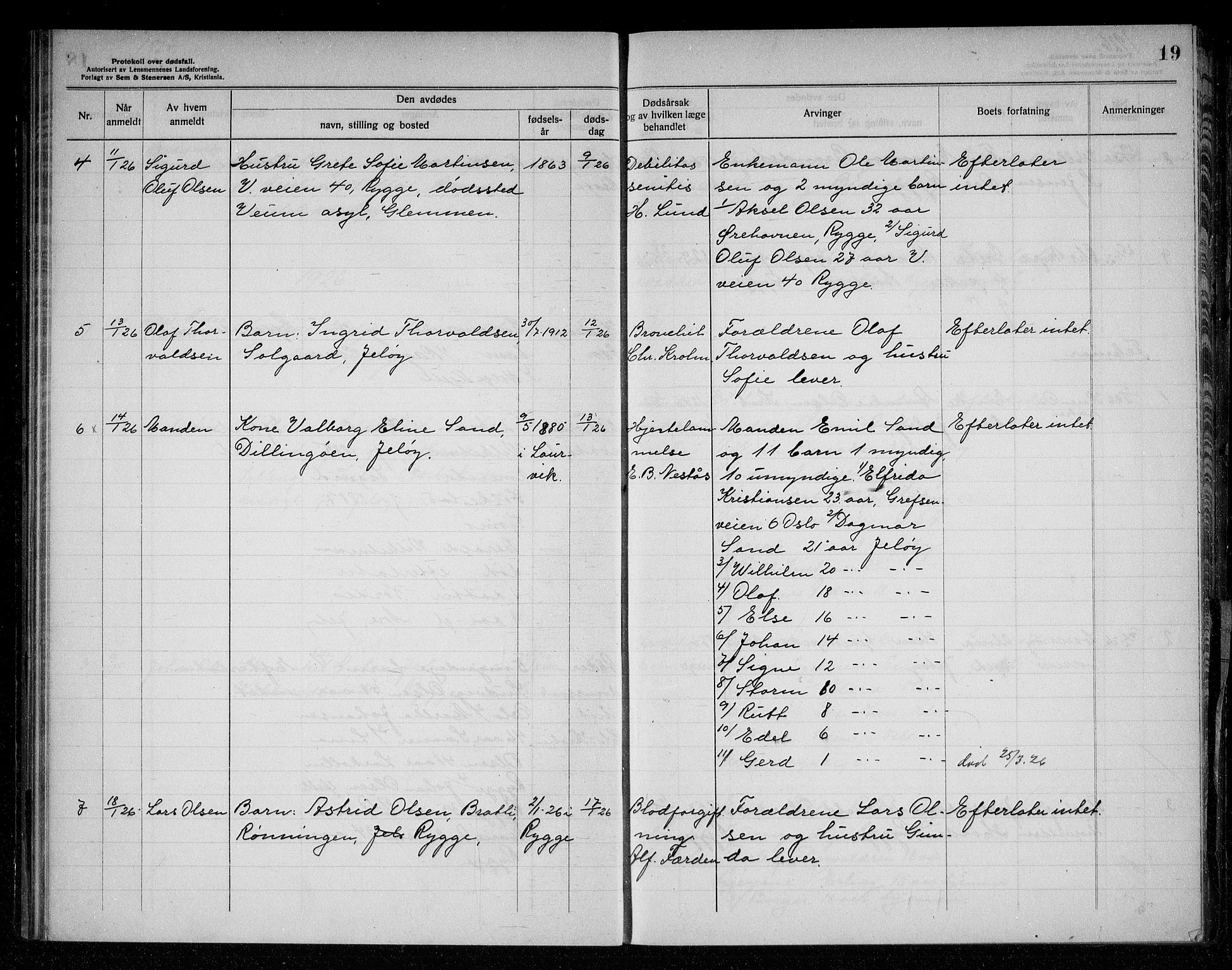 Rygge lensmannskontor, AV/SAO-A-10005/H/Ha/Haa/L0008: Dødsfallsprotokoll, 1925-1929, s. 19