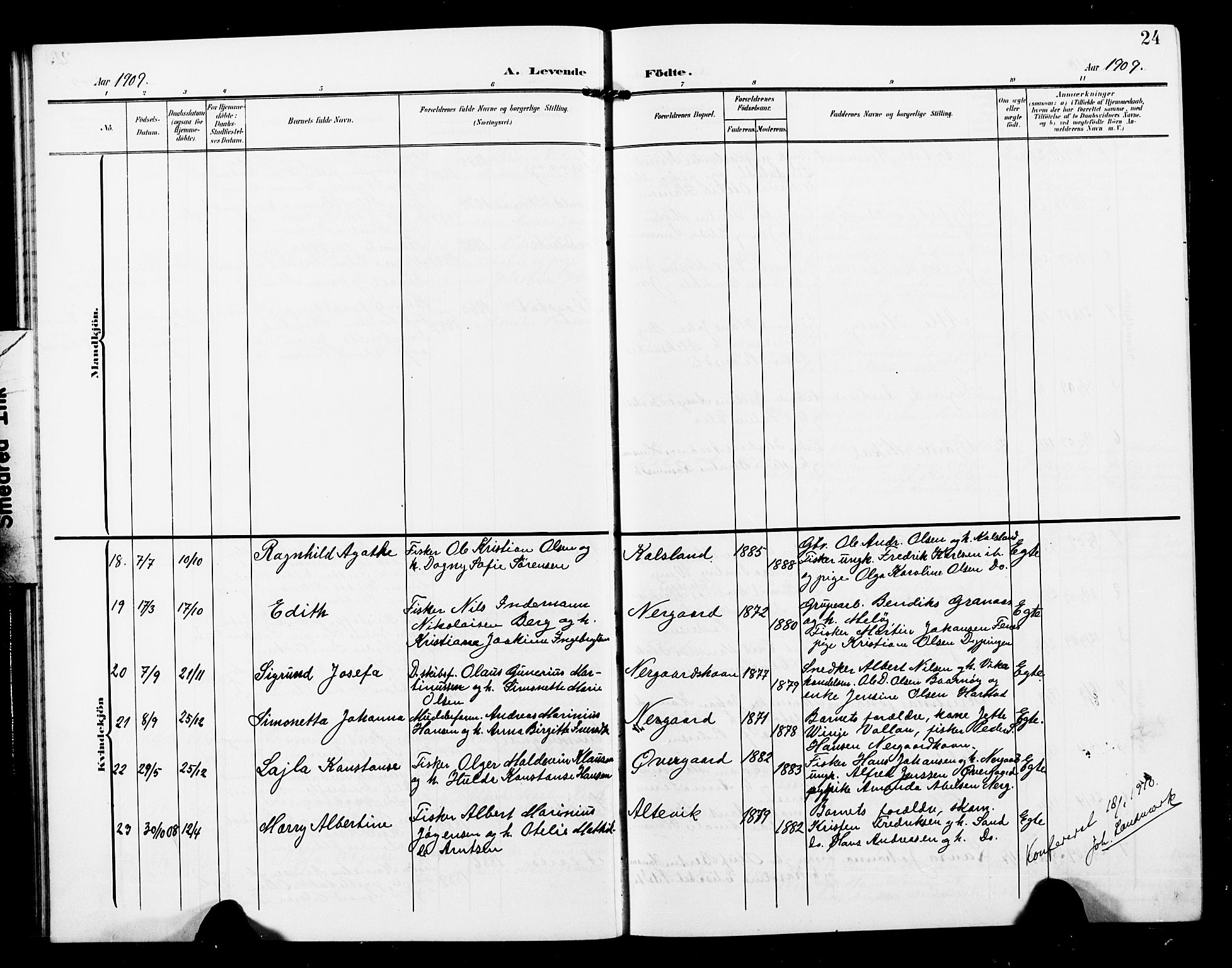 Sand/Bjarkøy sokneprestkontor, AV/SATØ-S-0811/I/Ia/Iab/L0004klokker: Klokkerbok nr. 4, 1905-1918, s. 24