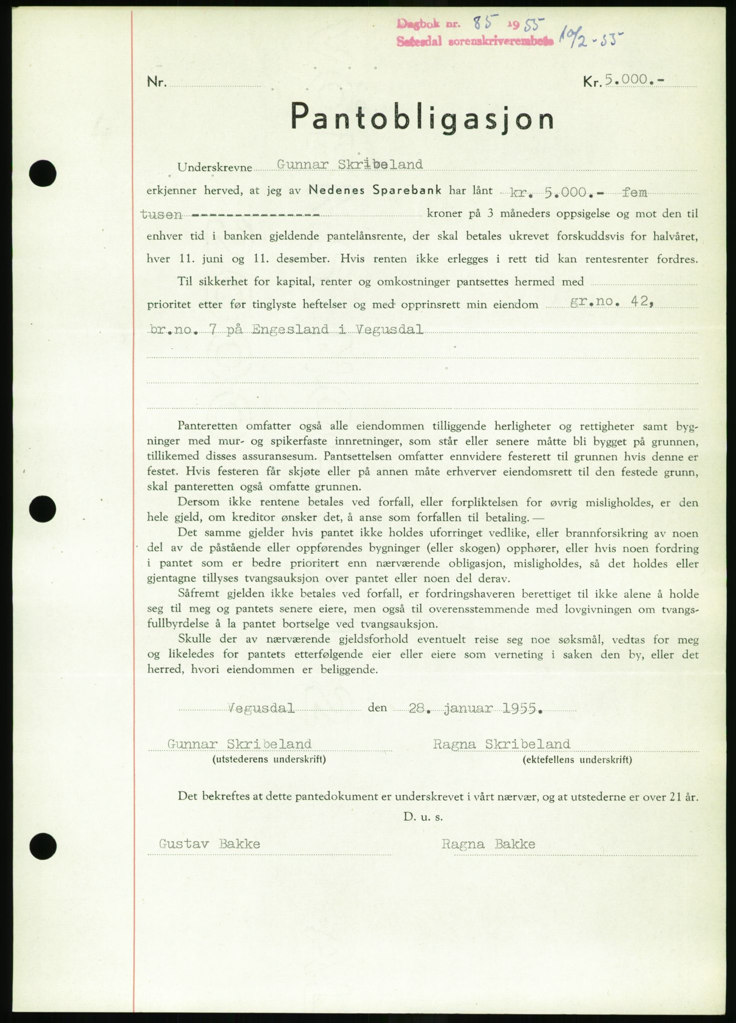 Setesdal sorenskriveri, SAK/1221-0011/G/Gb/L0052: Pantebok nr. B 40, 1954-1955, Dagboknr: 85/1955