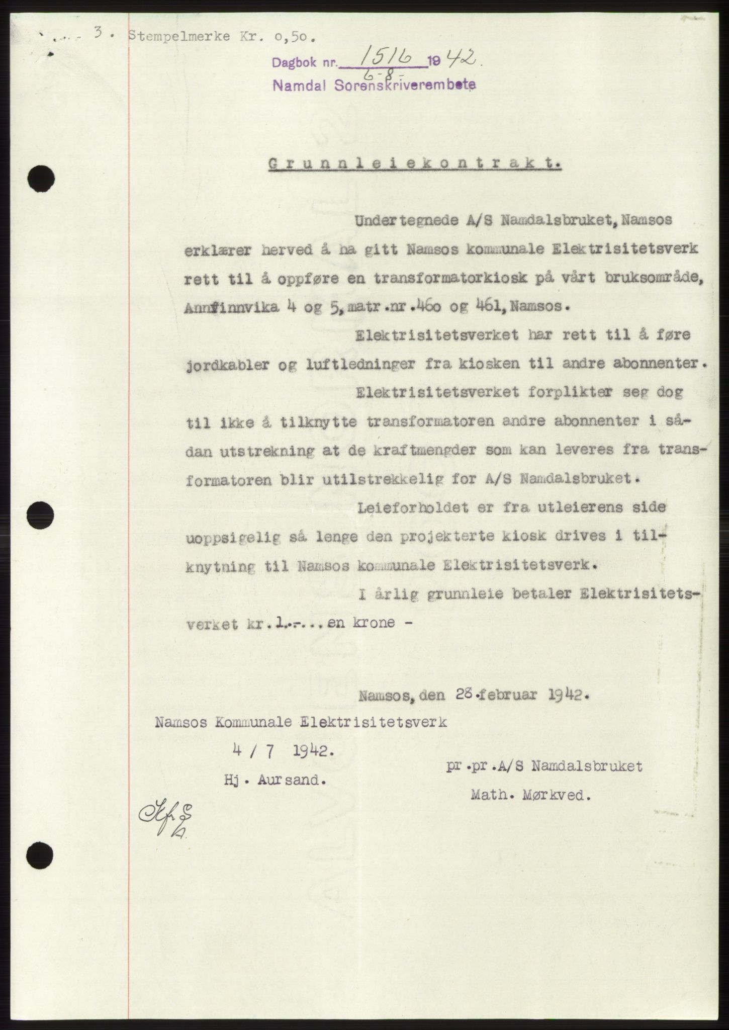 Namdal sorenskriveri, SAT/A-4133/1/2/2C: Pantebok nr. -, 1942-1943, Dagboknr: 1516/1942