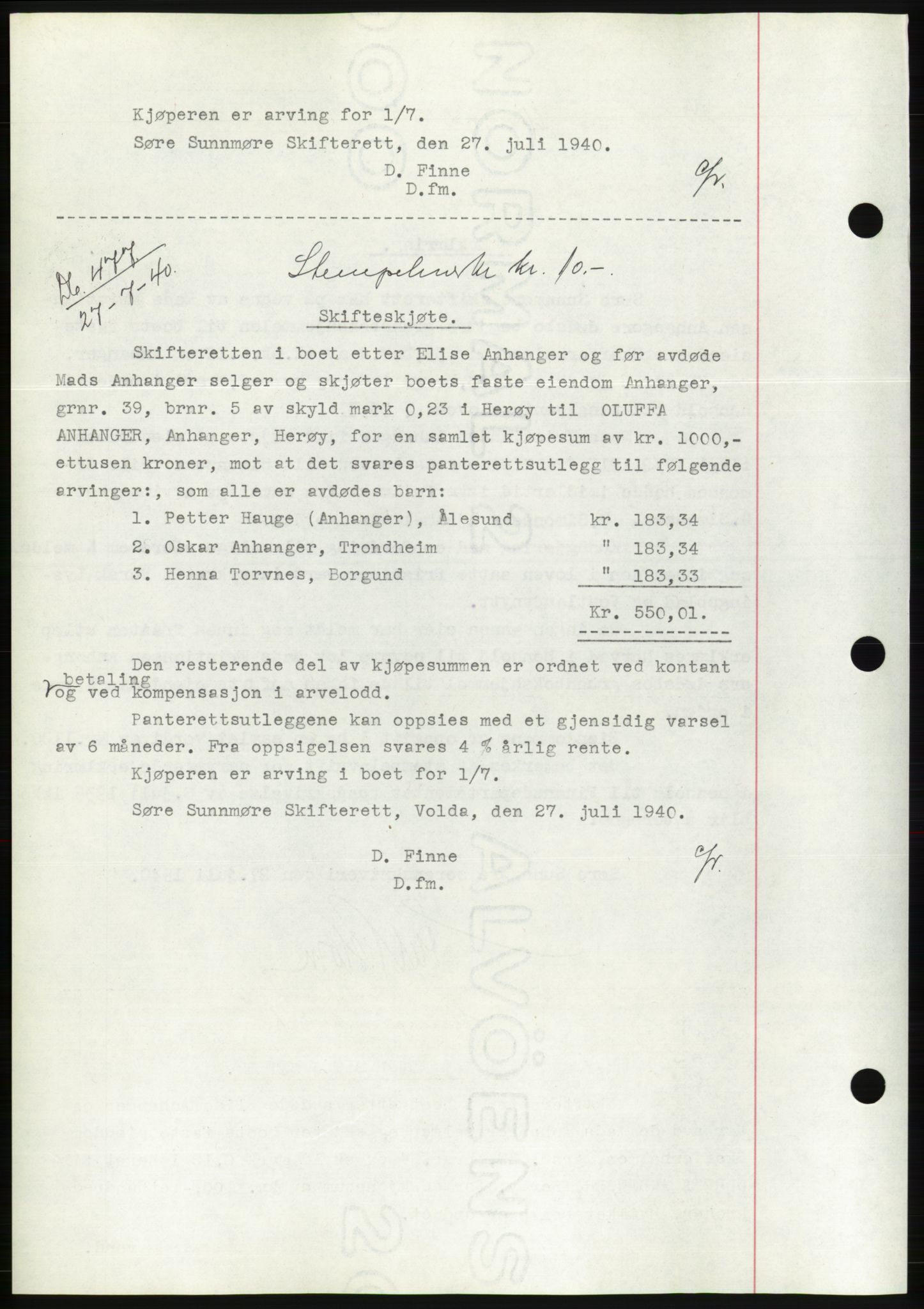 Søre Sunnmøre sorenskriveri, AV/SAT-A-4122/1/2/2C/L0070: Pantebok nr. 64, 1940-1941, Dagboknr: 477/1940