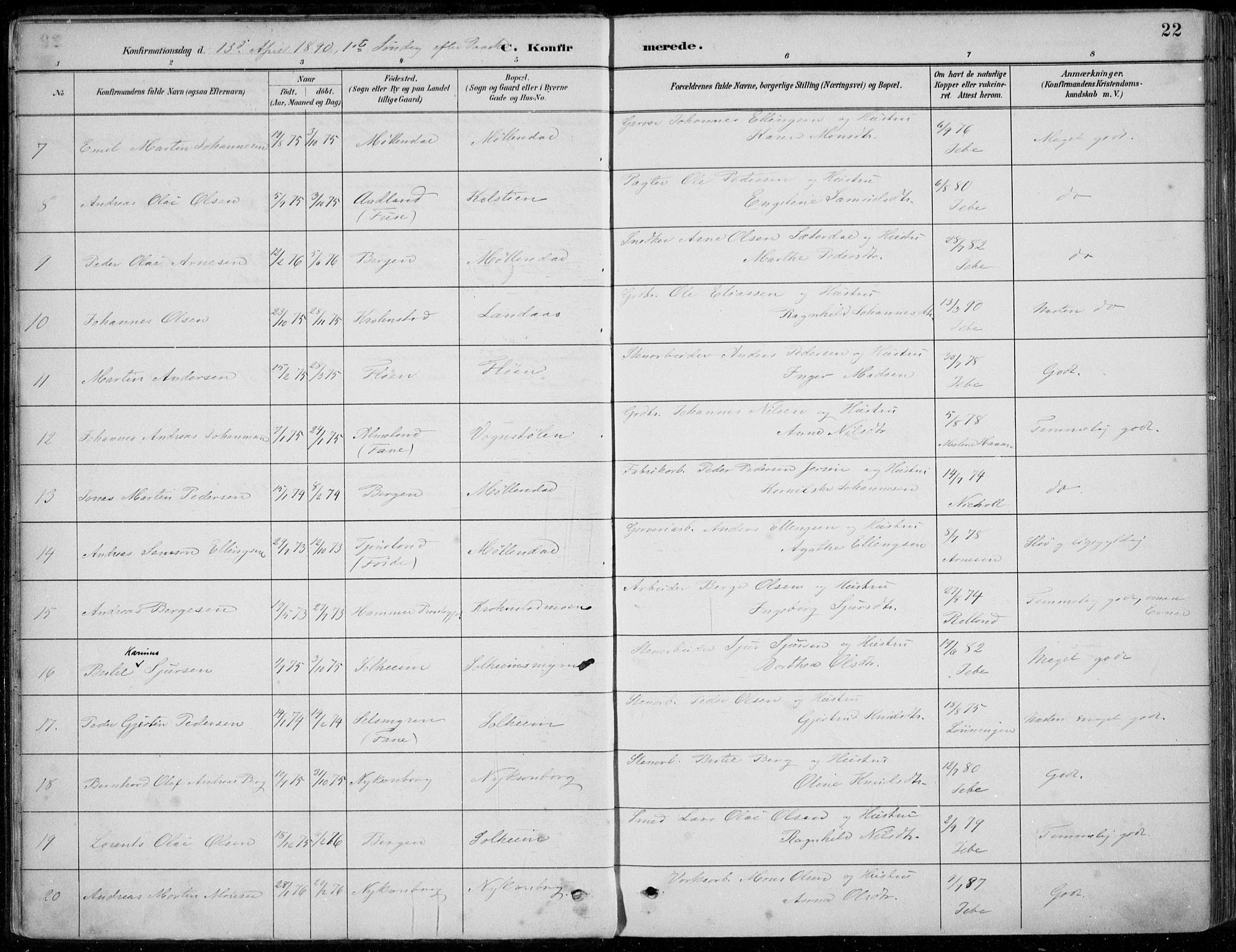 Årstad Sokneprestembete, AV/SAB-A-79301/H/Haa/L0006: Ministerialbok nr. B 1, 1886-1901, s. 22
