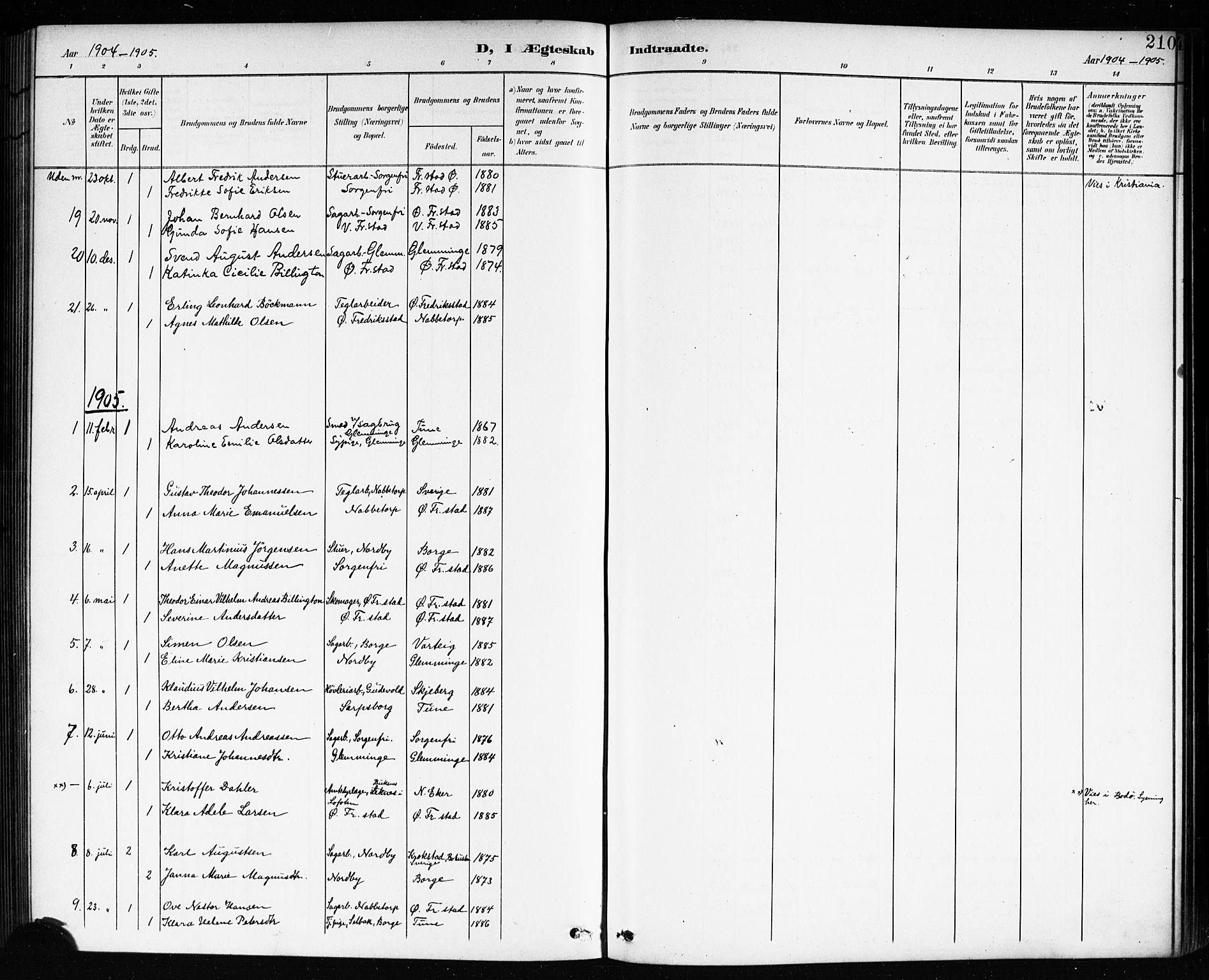 Østre Fredrikstad prestekontor Kirkebøker, AV/SAO-A-10907/G/Ga/L0002: Klokkerbok nr. 2, 1900-1919, s. 210