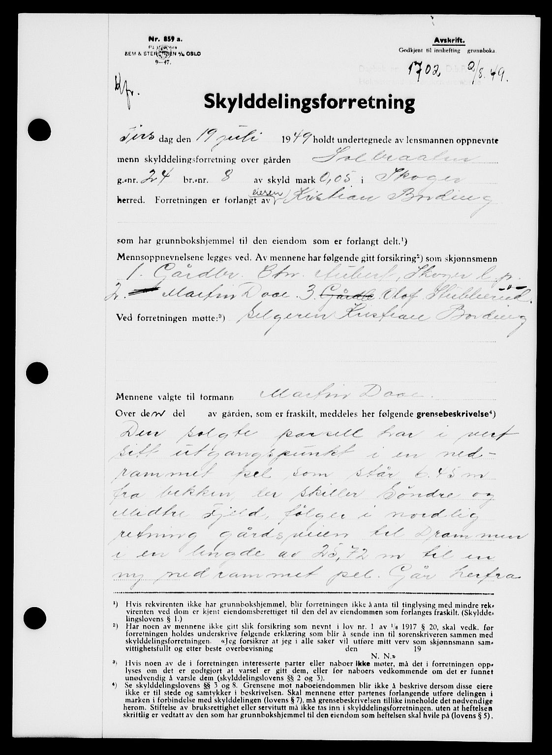 Holmestrand sorenskriveri, SAKO/A-67/G/Ga/Gaa/L0067: Pantebok nr. A-67, 1949-1949, Dagboknr: 1702/1949