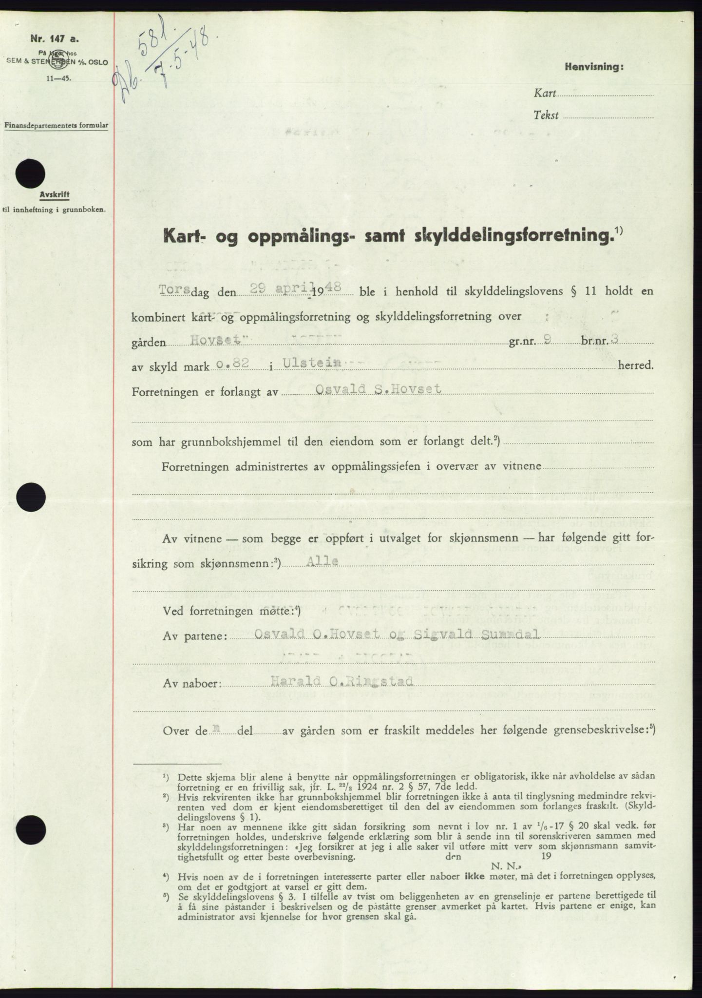 Søre Sunnmøre sorenskriveri, SAT/A-4122/1/2/2C/L0082: Pantebok nr. 8A, 1948-1948, Dagboknr: 581/1948