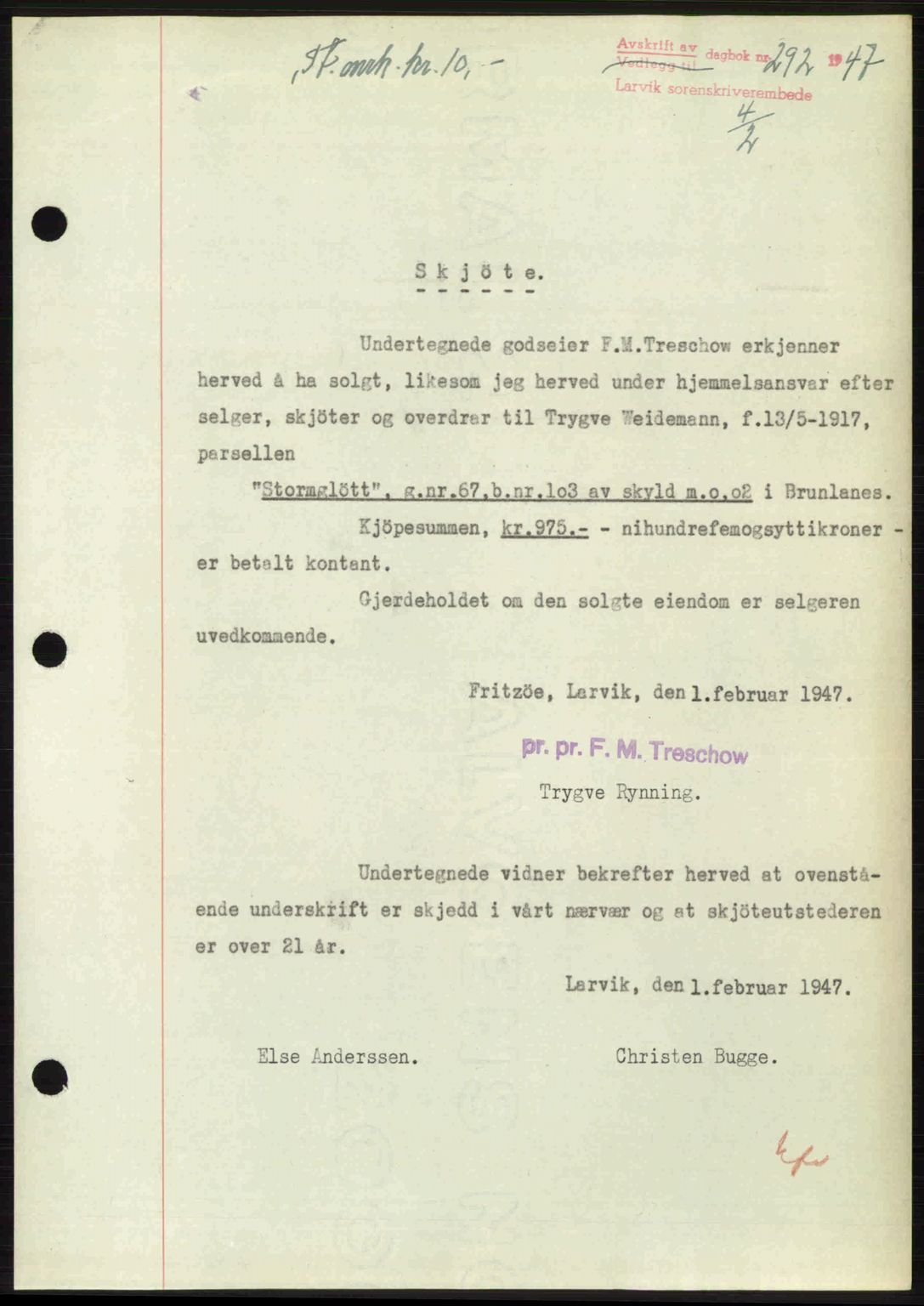 Larvik sorenskriveri, SAKO/A-83/G/Ga/Gab/L0083: Pantebok nr. A-17, 1946-1947, Dagboknr: 292/1947