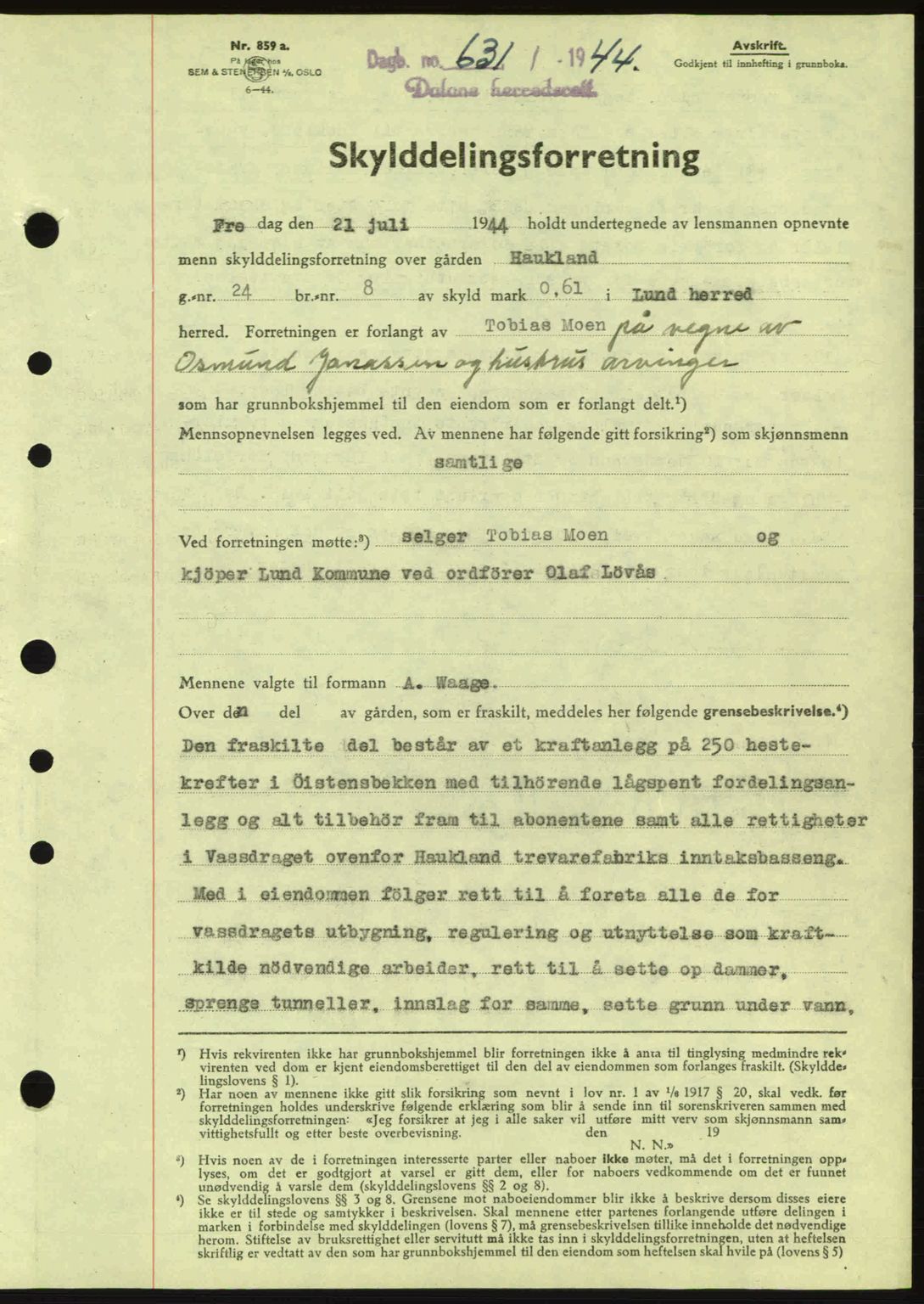 Dalane sorenskriveri, SAST/A-100309/02/G/Gb/L0047: Pantebok nr. A8 I, 1944-1945, Dagboknr: 631/1944