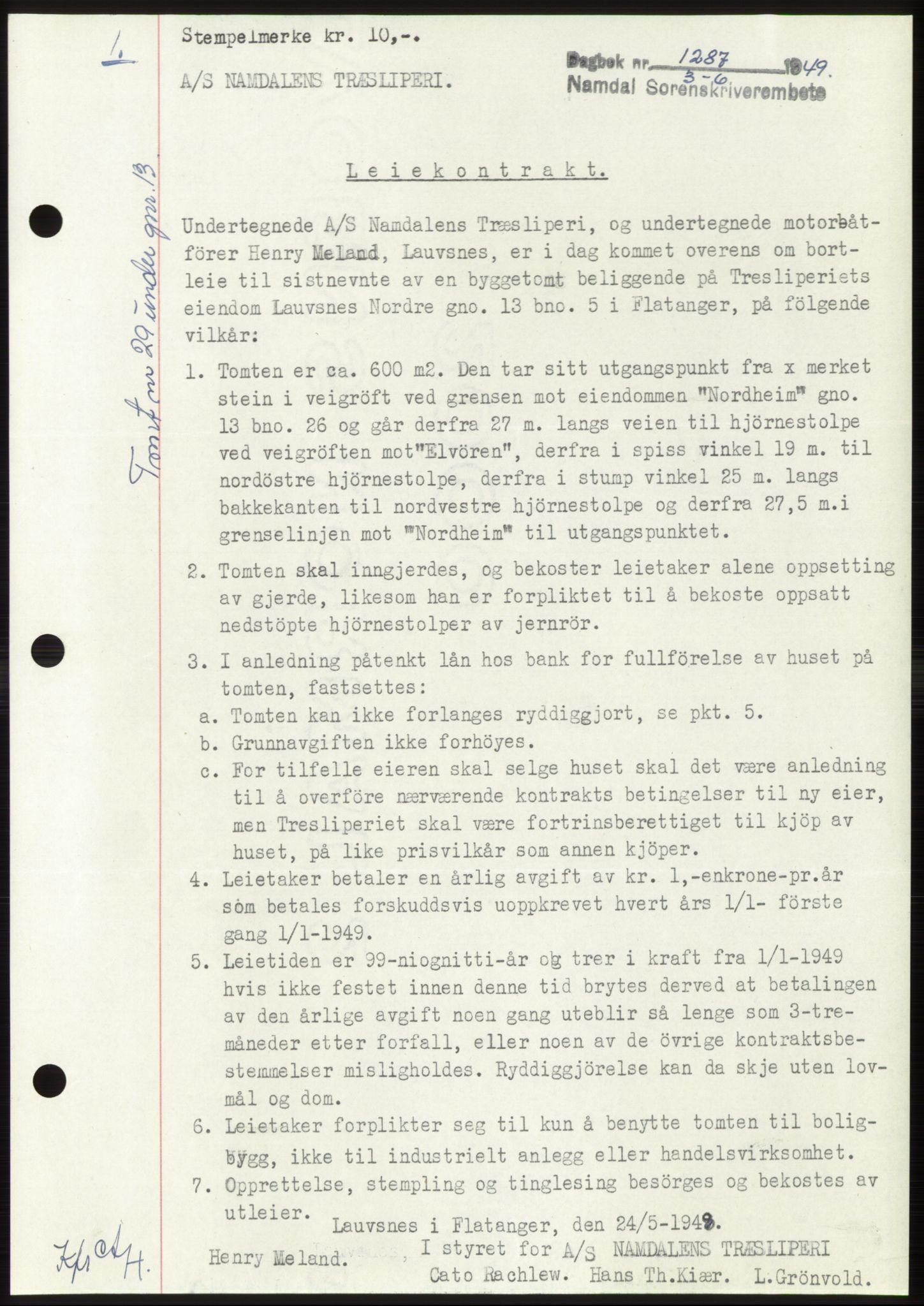 Namdal sorenskriveri, SAT/A-4133/1/2/2C: Pantebok nr. -, 1949-1949, Dagboknr: 1287/1949