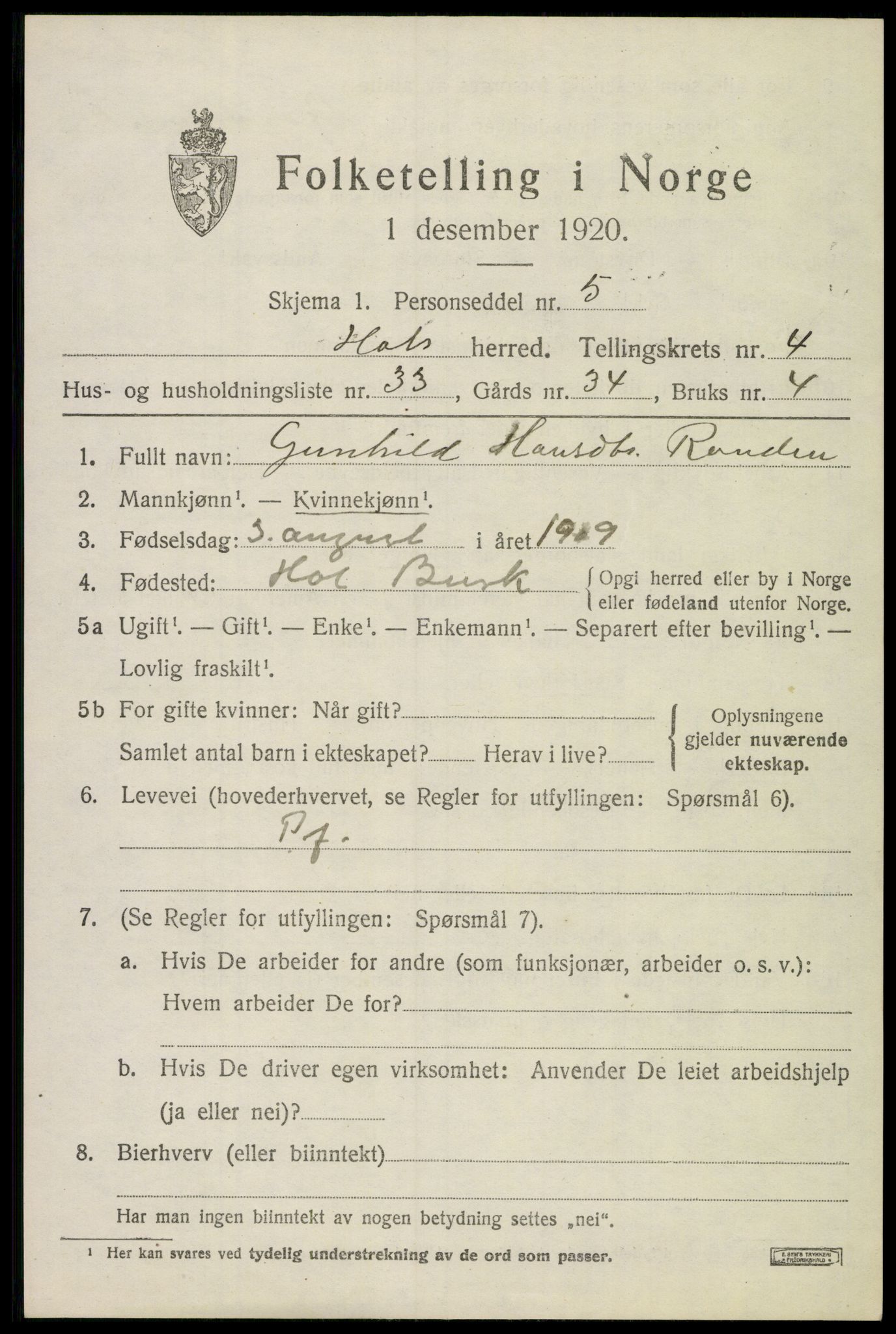 SAKO, Folketelling 1920 for 0620 Hol herred, 1920, s. 2781