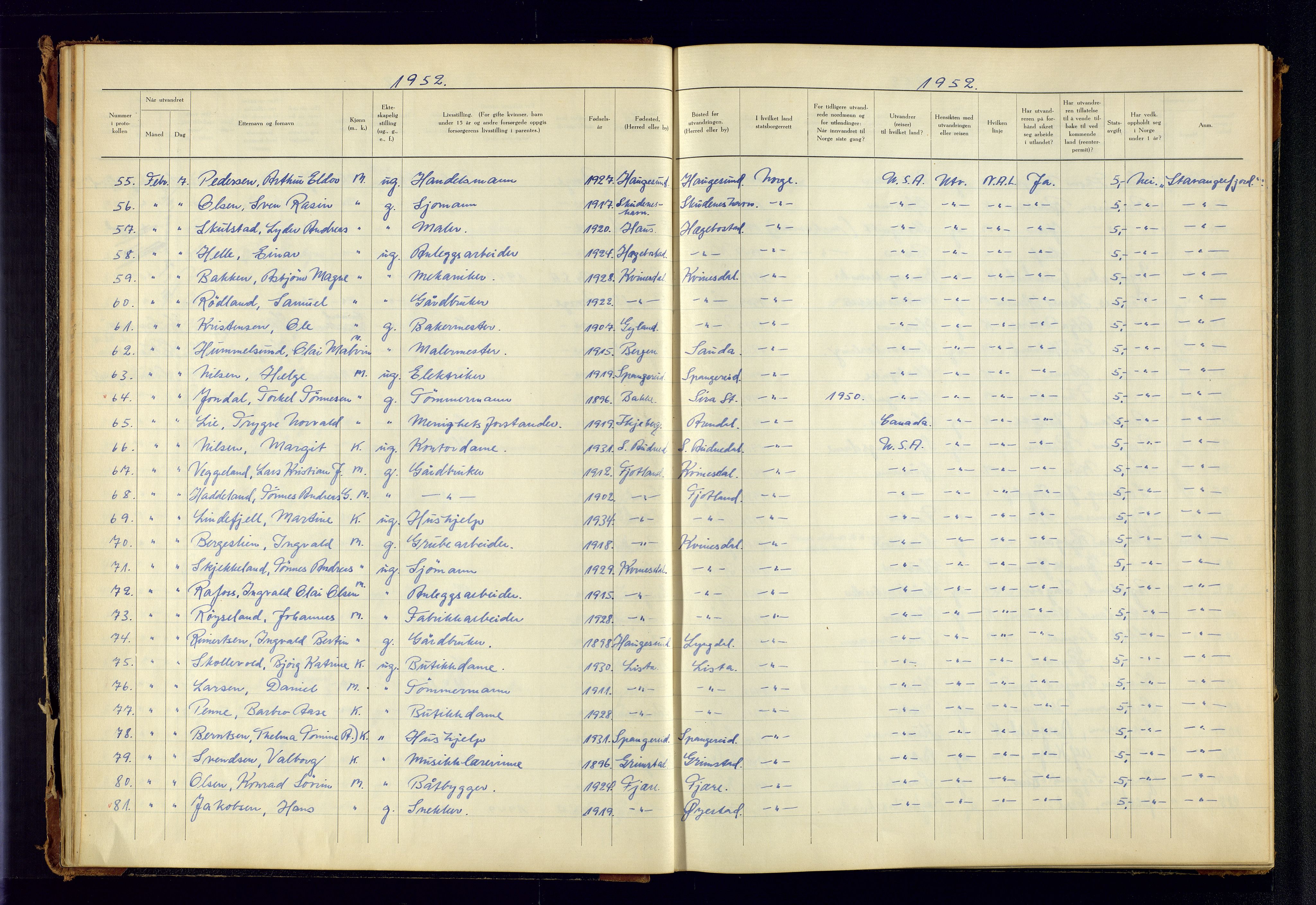 Kristiansand politikammer, SAK/1243-0004/K/Kb/L0249: Emigrantprotokoll, 1951-1961, s. 23