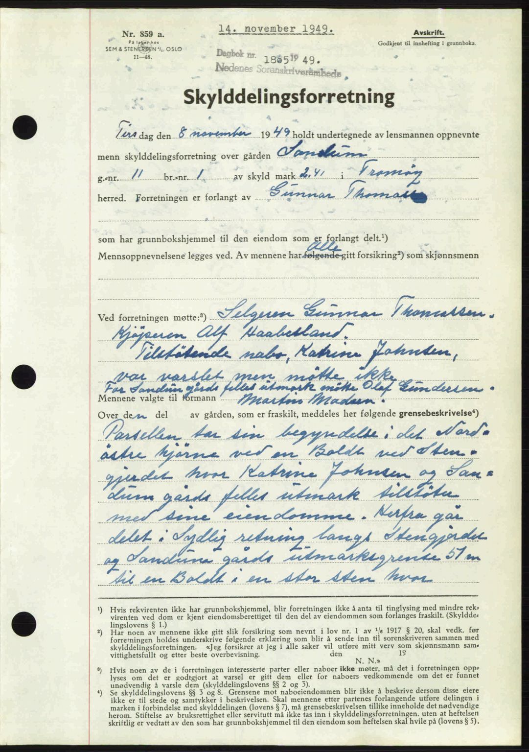 Nedenes sorenskriveri, SAK/1221-0006/G/Gb/Gba/L0061: Pantebok nr. A13, 1949-1949, Dagboknr: 1805/1949