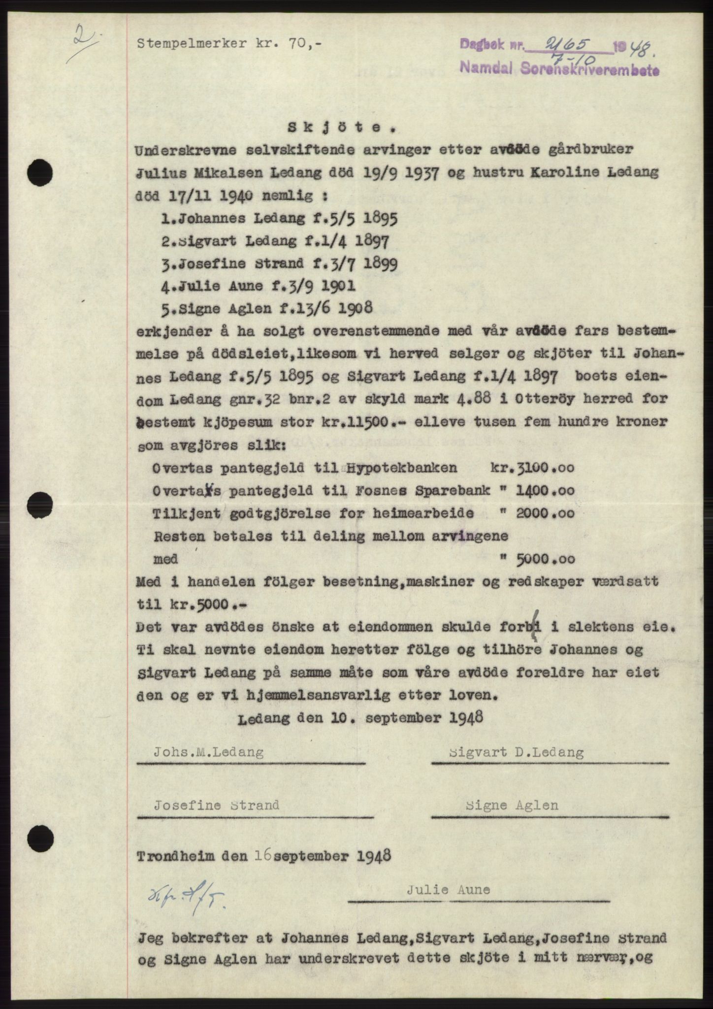 Namdal sorenskriveri, SAT/A-4133/1/2/2C: Pantebok nr. -, 1948-1948, Dagboknr: 2165/1948