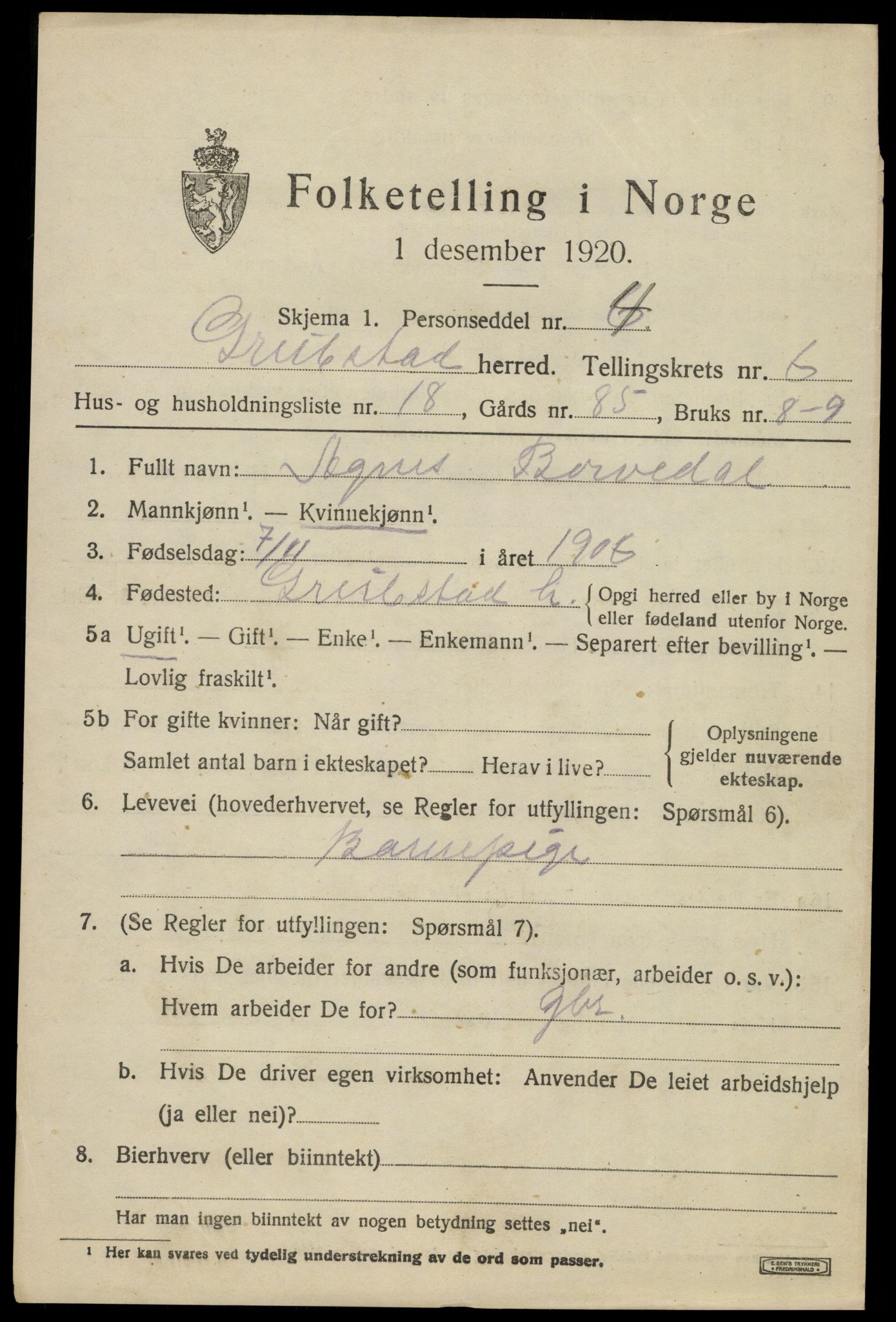 SAK, Folketelling 1920 for 1017 Greipstad herred, 1920, s. 2094