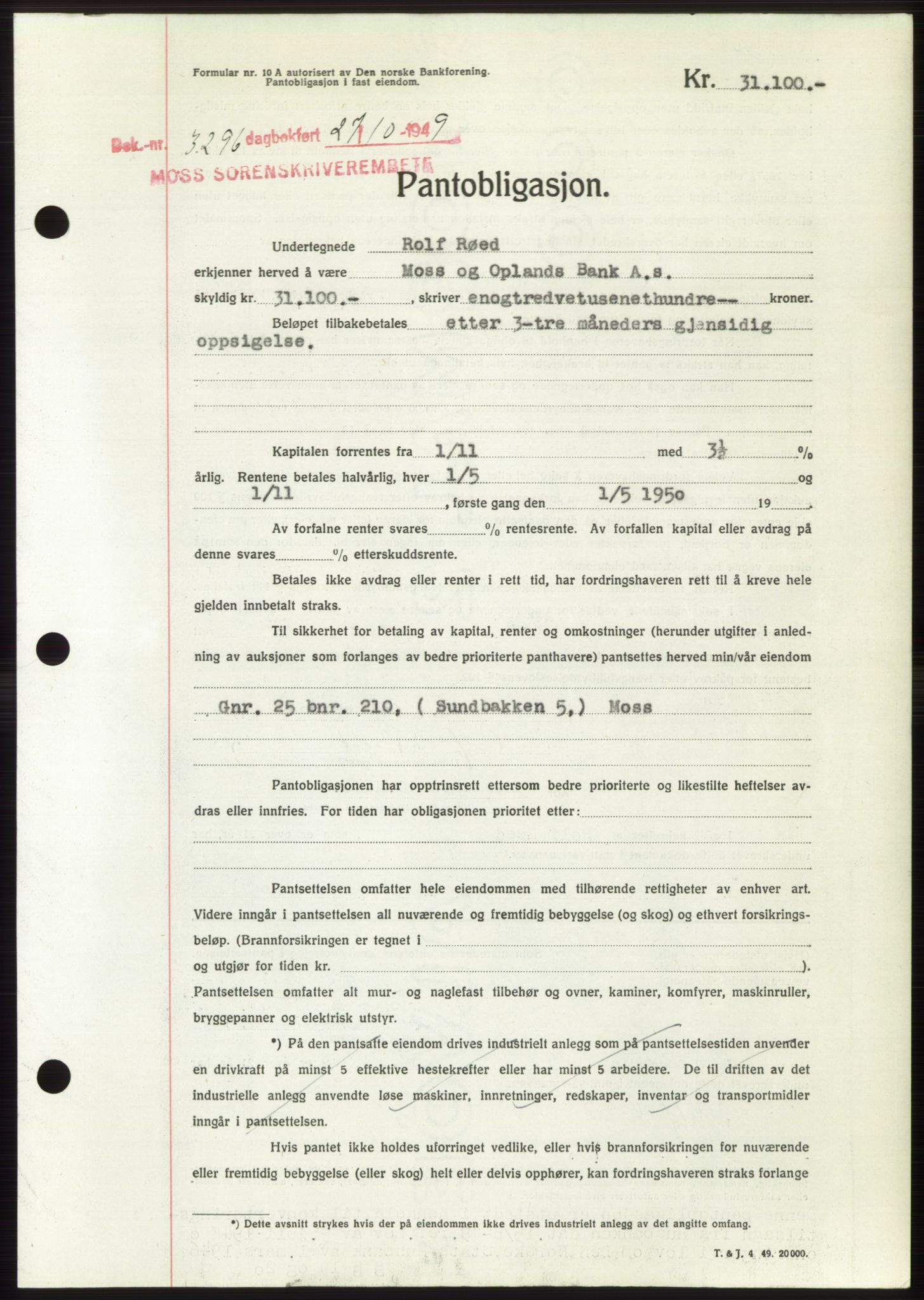 Moss sorenskriveri, SAO/A-10168: Pantebok nr. B23, 1949-1950, Dagboknr: 3296/1949