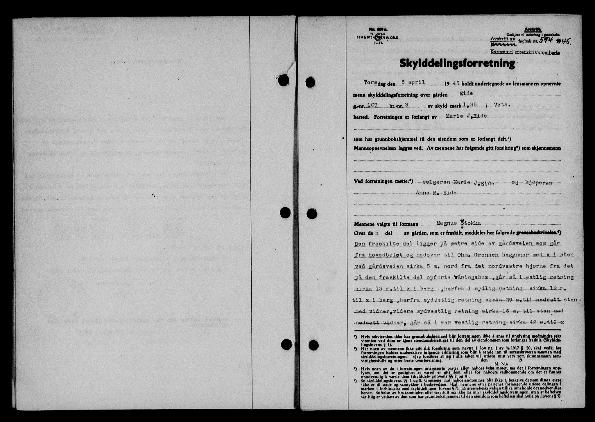 Karmsund sorenskriveri, SAST/A-100311/01/II/IIB/L0083: Pantebok nr. 64A, 1944-1945, Dagboknr: 594/1945