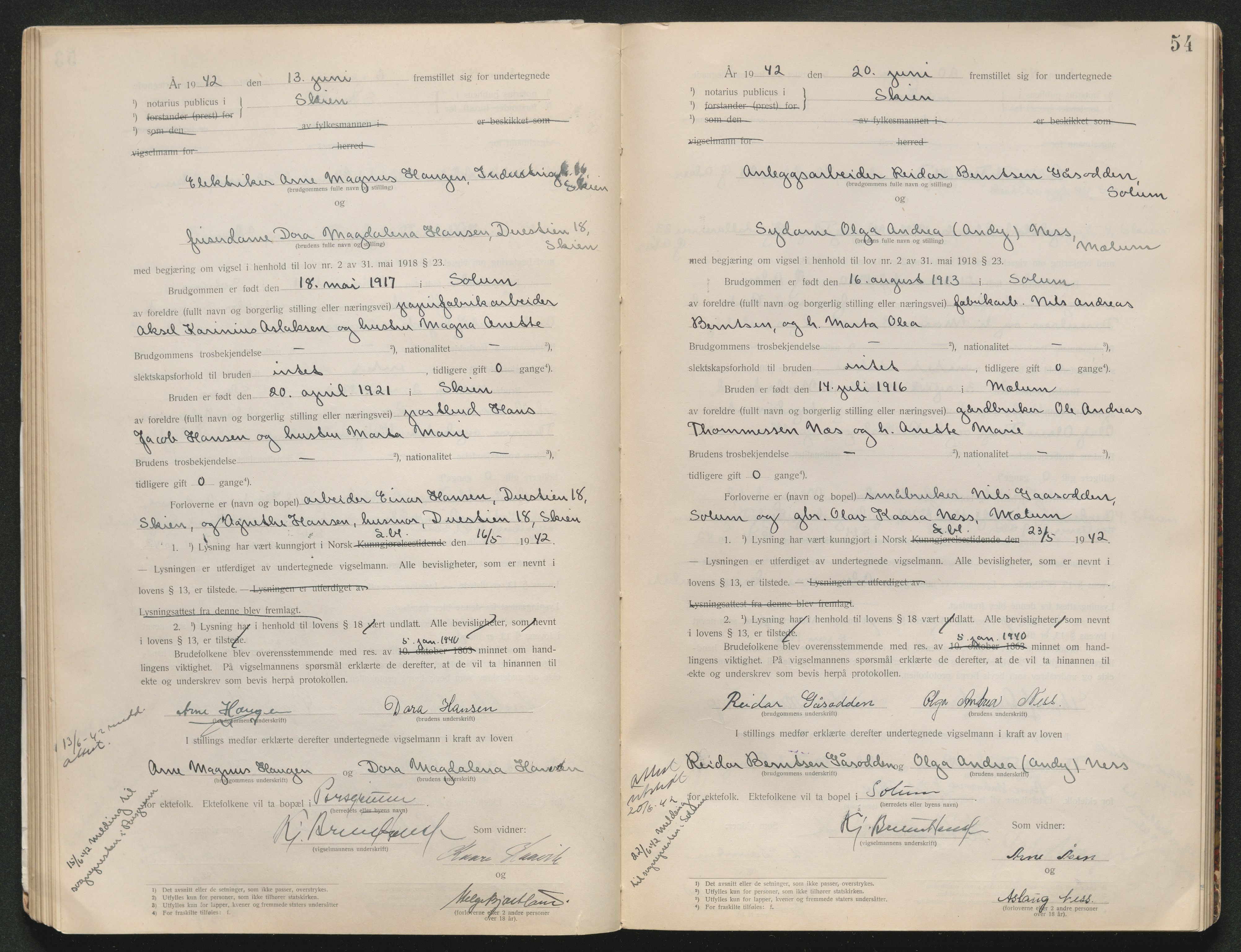 Skien sorenskriveri, AV/SAKO-A-225/L/La/L0001: Vigselsprotokoll, 1920-1947, s. 54