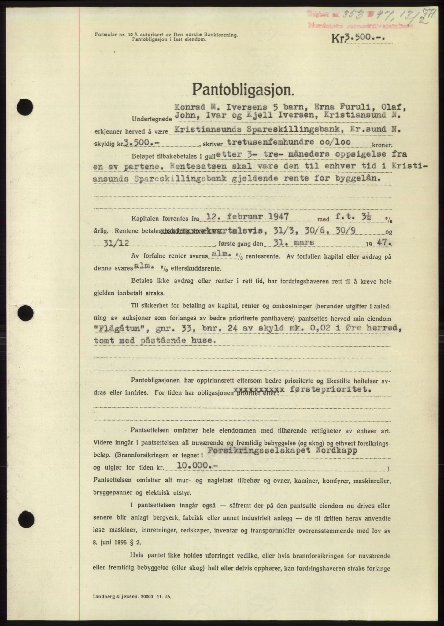 Nordmøre sorenskriveri, SAT/A-4132/1/2/2Ca: Pantebok nr. B95, 1946-1947, Dagboknr: 353/1947