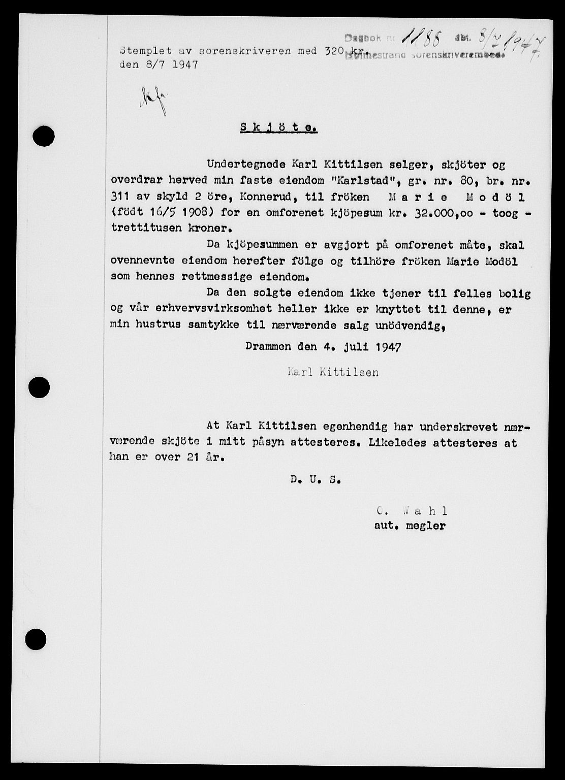 Holmestrand sorenskriveri, SAKO/A-67/G/Ga/Gaa/L0062: Pantebok nr. A-62, 1947-1947, Dagboknr: 1188/1947