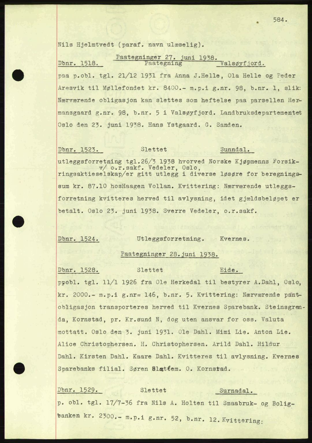 Nordmøre sorenskriveri, SAT/A-4132/1/2/2Ca: Pantebok nr. C80, 1936-1939, Dagboknr: 1518/1938