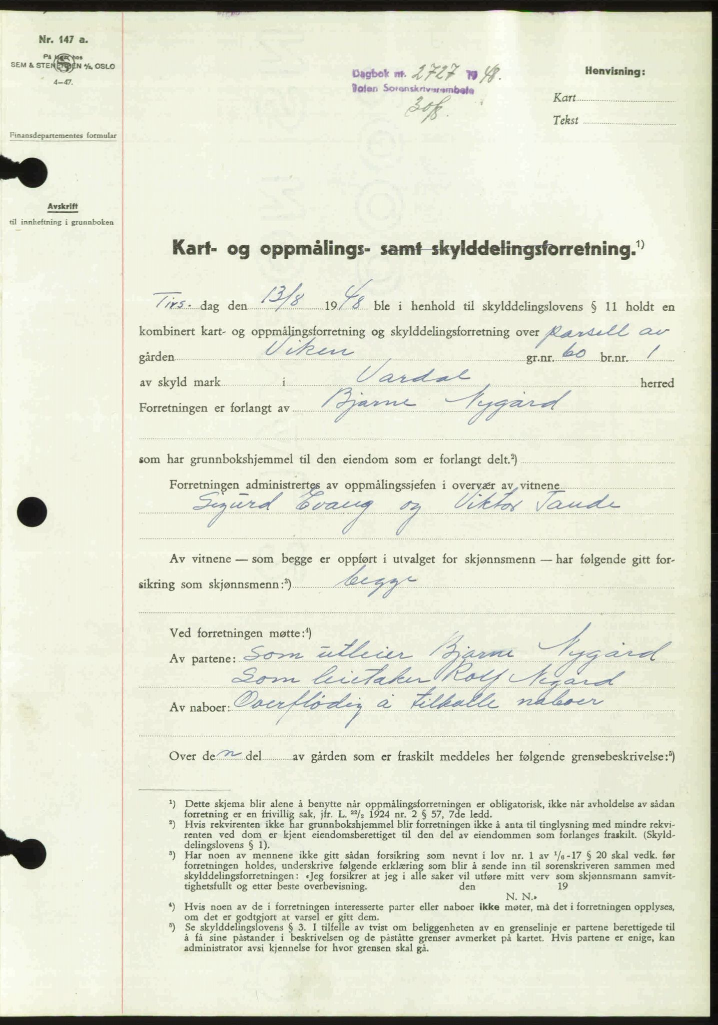 Toten tingrett, SAH/TING-006/H/Hb/Hbc/L0020: Pantebok nr. Hbc-20, 1948-1948, Dagboknr: 2727/1948
