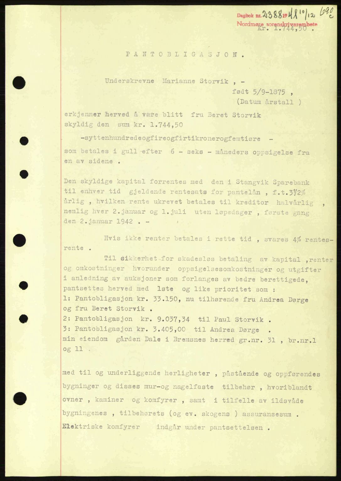 Nordmøre sorenskriveri, SAT/A-4132/1/2/2Ca: Pantebok nr. B88, 1941-1942, Dagboknr: 2388/1941