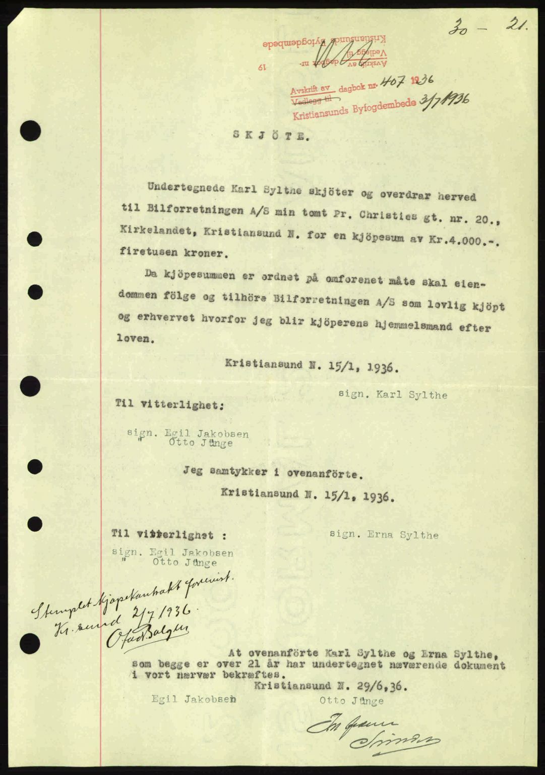 Kristiansund byfogd, AV/SAT-A-4587/A/27: Pantebok nr. 30, 1936-1941, Dagboknr: 407/1936