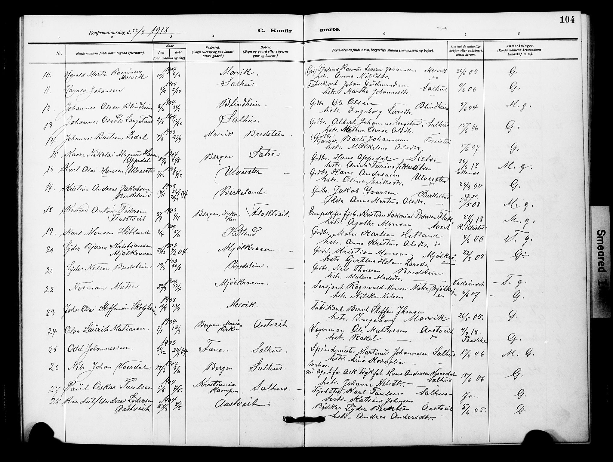 Åsane sokneprestembete, AV/SAB-A-79401/H/Hab: Klokkerbok nr. A 4, 1915-1927, s. 104