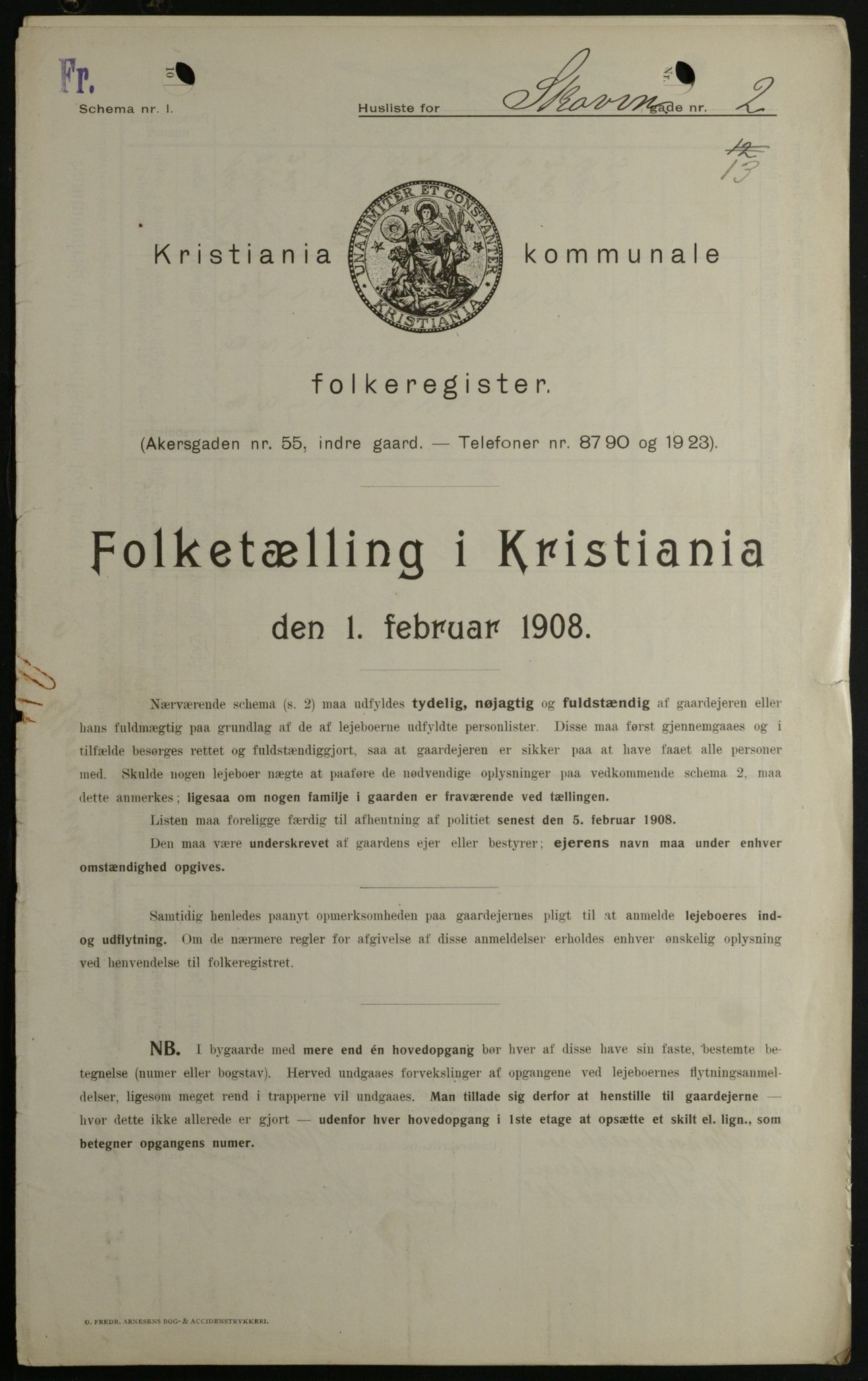 OBA, Kommunal folketelling 1.2.1908 for Kristiania kjøpstad, 1908, s. 86743