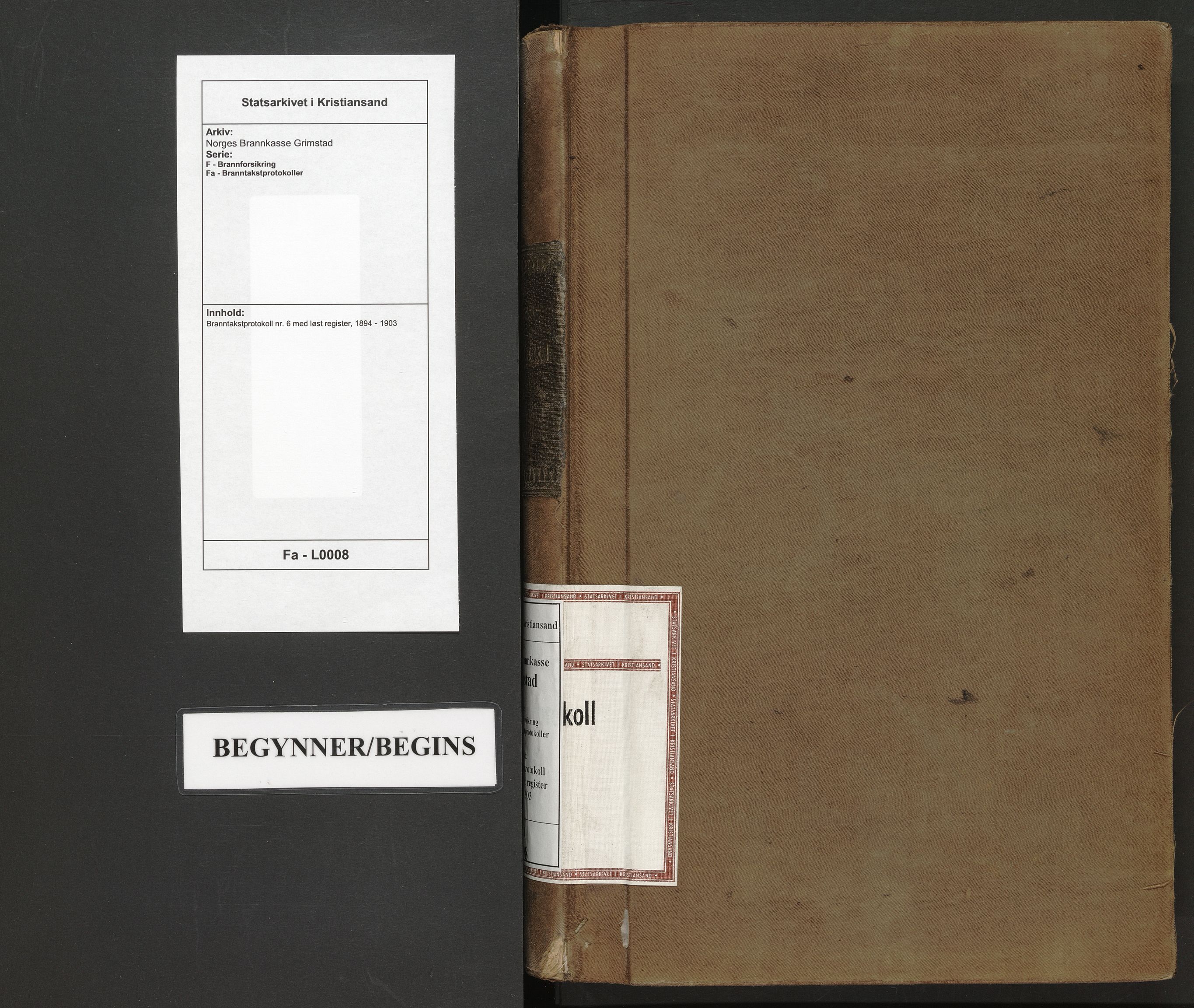 Norges Brannkasse Grimstad, SAK/2241-0018/F/Fa/L0008: Branntakstprotokoll nr. 6 med løst register, 1894-1903