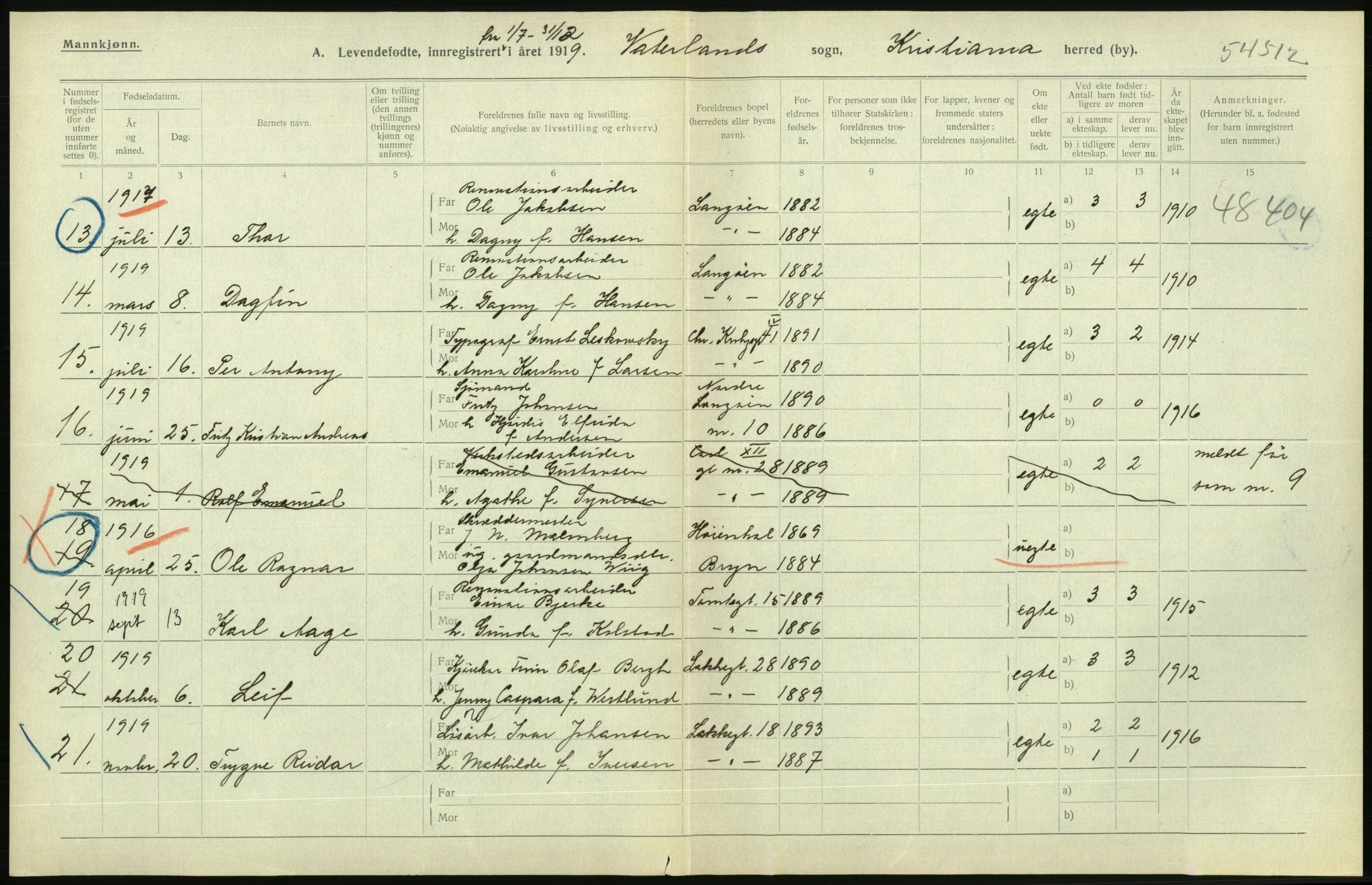 Statistisk sentralbyrå, Sosiodemografiske emner, Befolkning, AV/RA-S-2228/D/Df/Dfb/Dfbi/L0008: Kristiania: Levendefødte menn og kvinner., 1919
