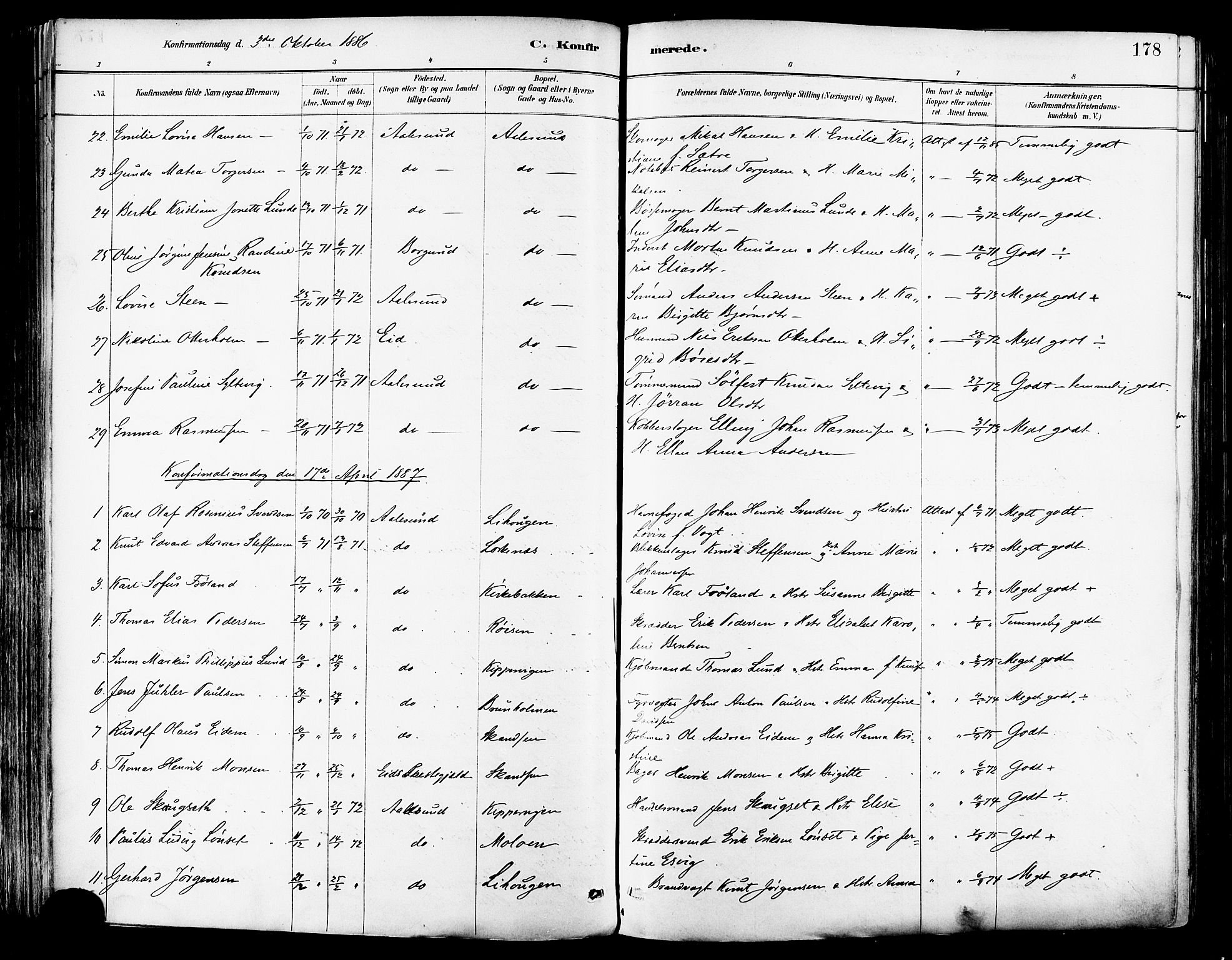 Ministerialprotokoller, klokkerbøker og fødselsregistre - Møre og Romsdal, AV/SAT-A-1454/529/L0455: Ministerialbok nr. 529A05, 1885-1893, s. 178