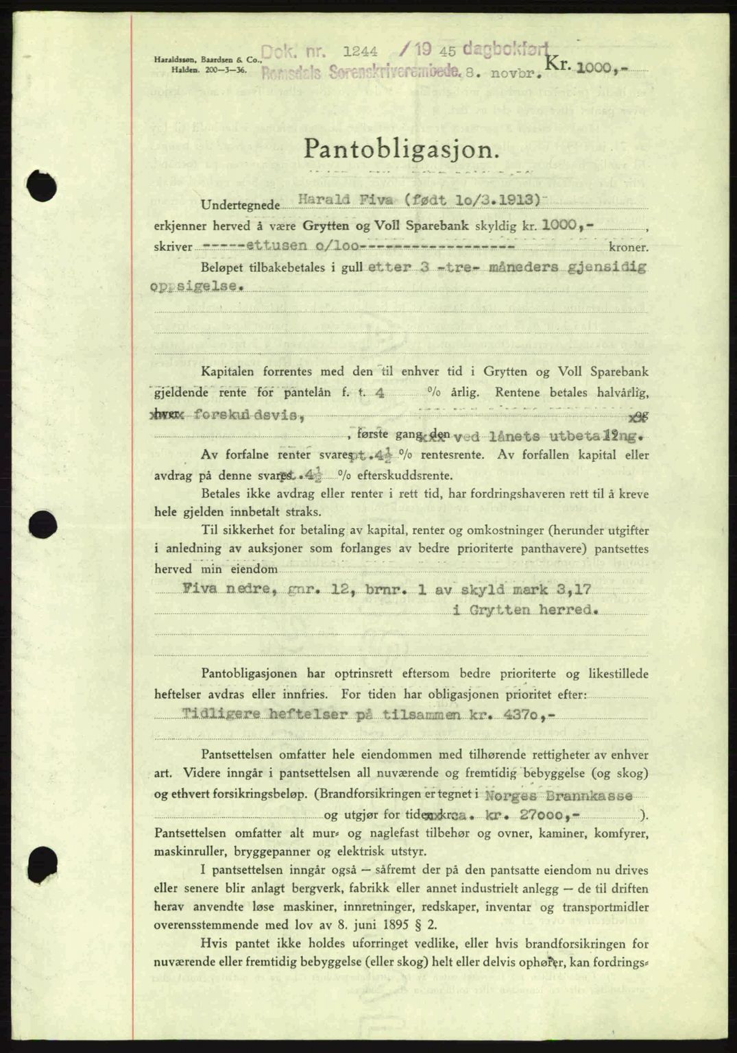 Romsdal sorenskriveri, SAT/A-4149/1/2/2C: Pantebok nr. B2, 1939-1945, Dagboknr: 1244/1945