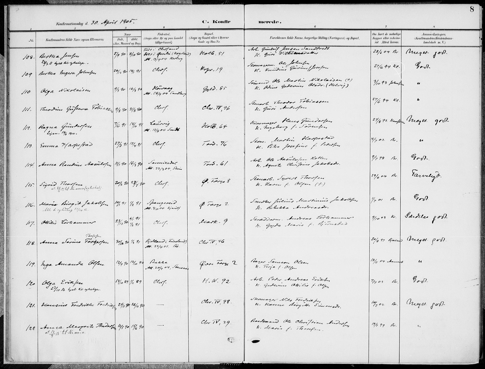 Kristiansand domprosti, AV/SAK-1112-0006/F/Fa/L0022: Ministerialbok nr. A 21, 1905-1916, s. 8