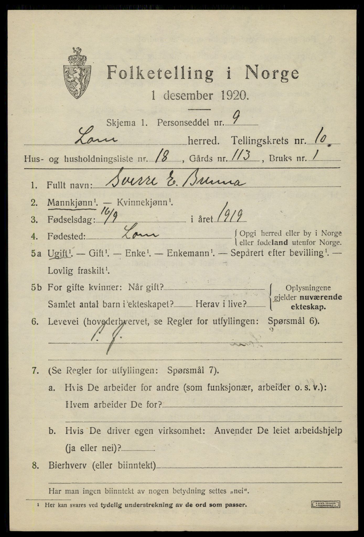 SAH, Folketelling 1920 for 0514 Lom herred, 1920, s. 5644