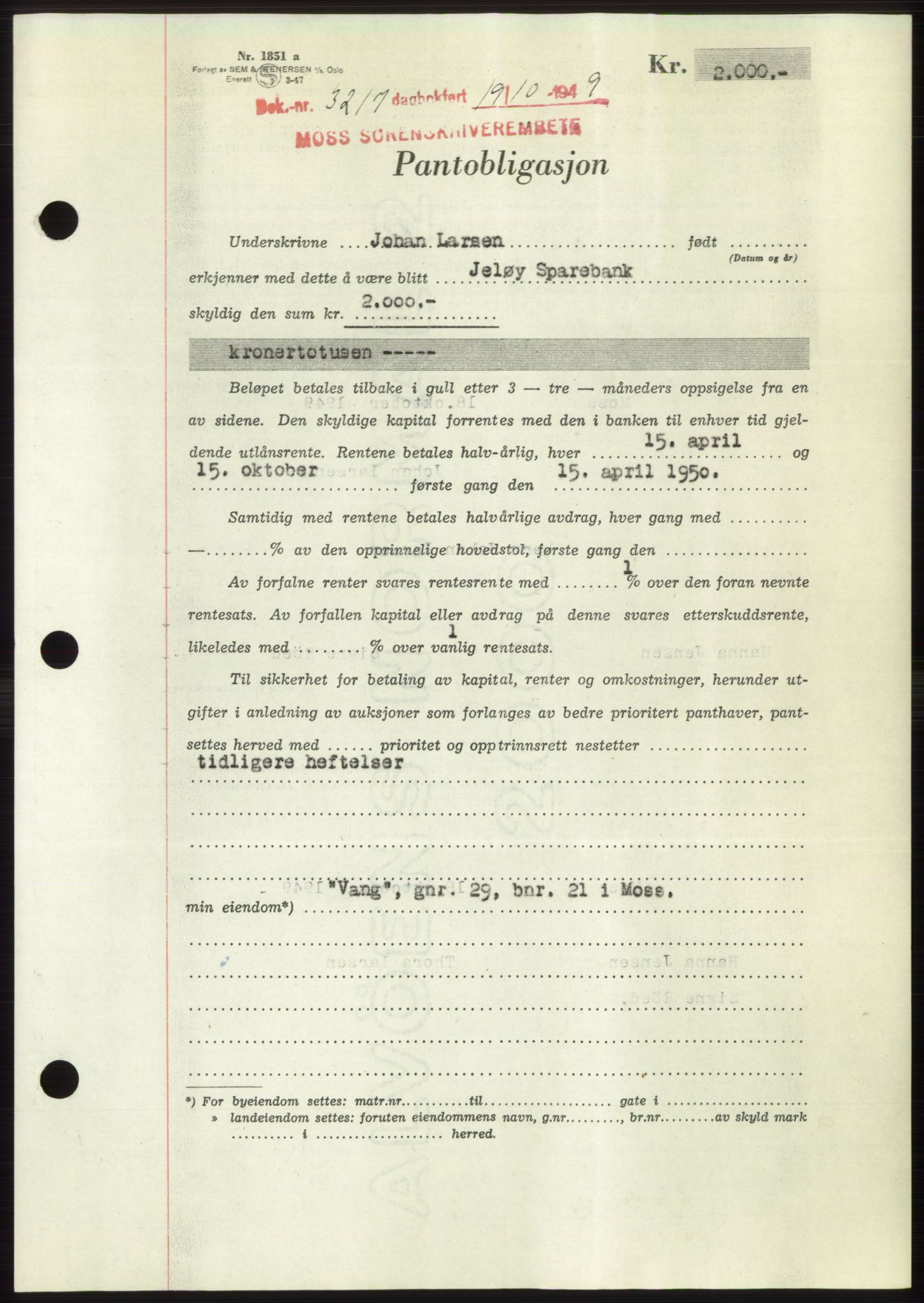 Moss sorenskriveri, SAO/A-10168: Pantebok nr. B23, 1949-1950, Dagboknr: 3217/1949