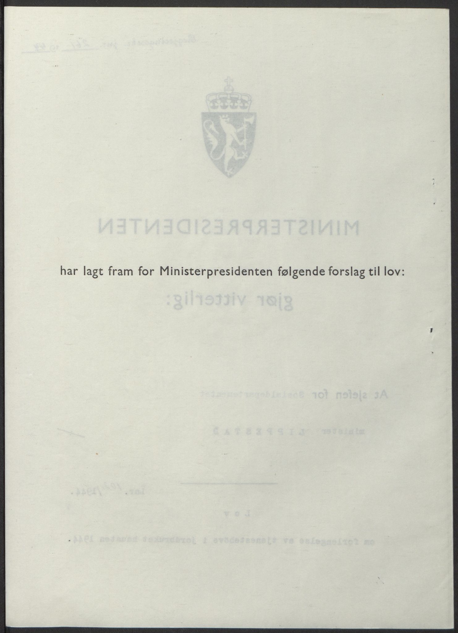 NS-administrasjonen 1940-1945 (Statsrådsekretariatet, de kommisariske statsråder mm), AV/RA-S-4279/D/Db/L0100: Lover, 1944, s. 486