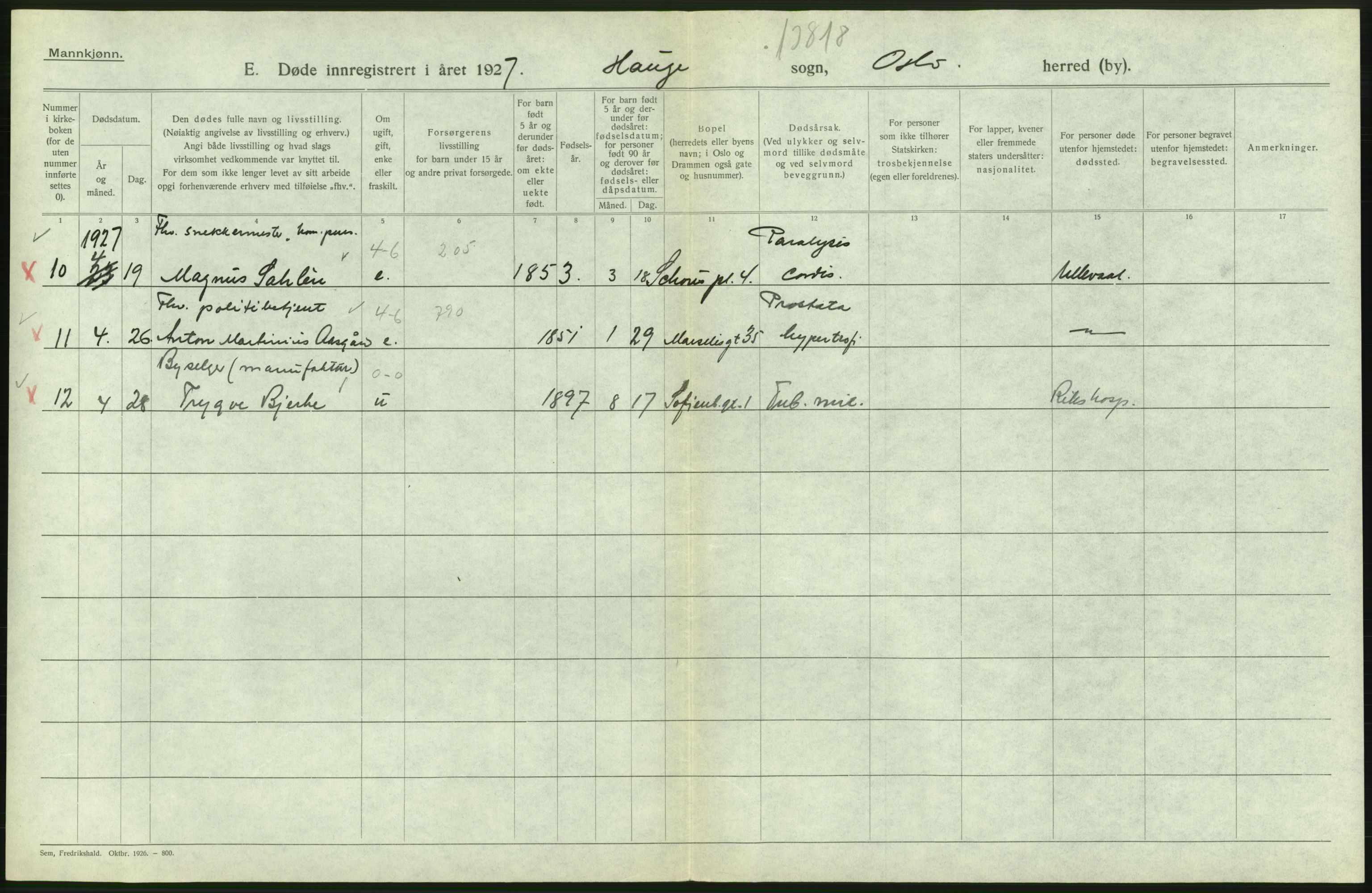 Statistisk sentralbyrå, Sosiodemografiske emner, Befolkning, AV/RA-S-2228/D/Df/Dfc/Dfcg/L0009: Oslo: Døde menn, 1927, s. 378