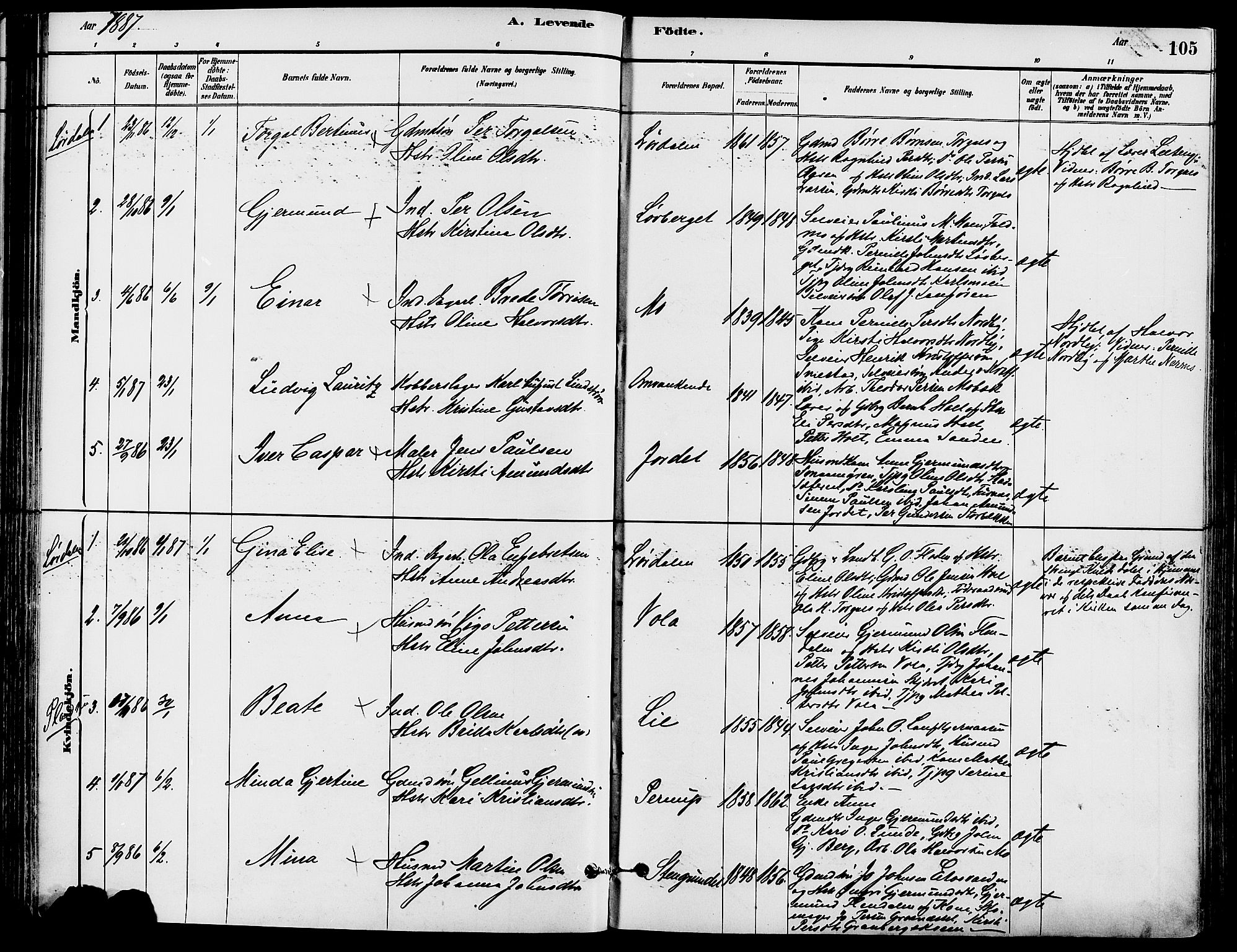 Trysil prestekontor, AV/SAH-PREST-046/H/Ha/Haa/L0008: Ministerialbok nr. 8, 1881-1897, s. 105