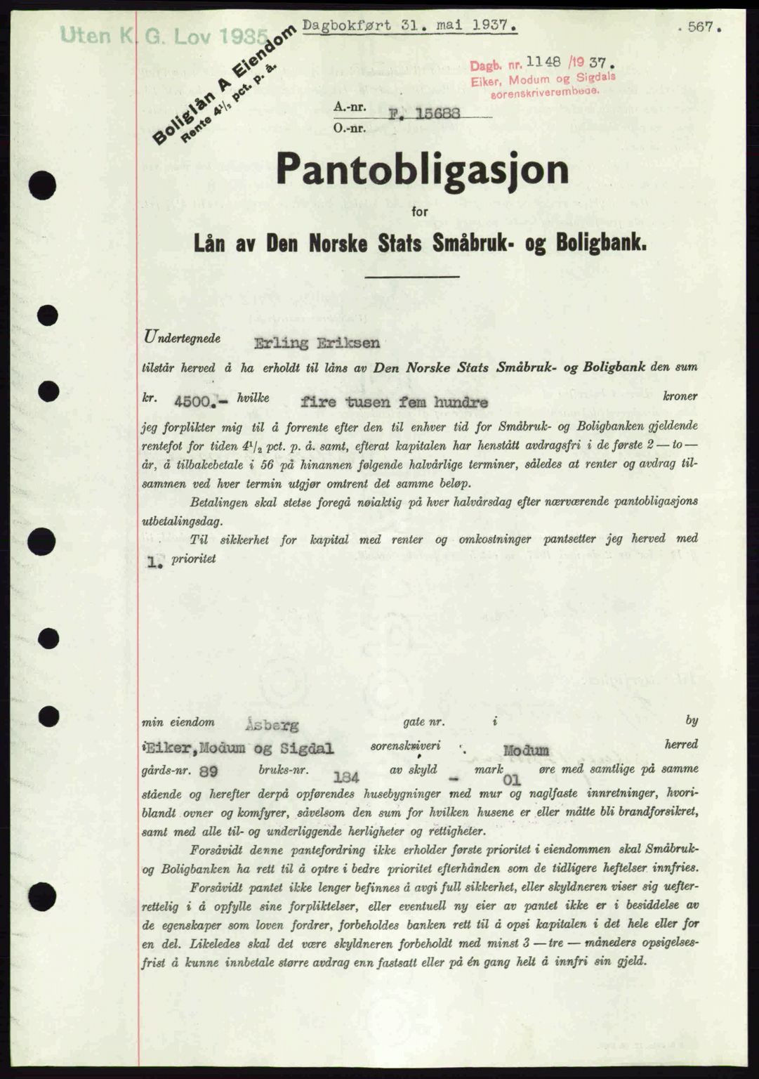 Eiker, Modum og Sigdal sorenskriveri, SAKO/A-123/G/Ga/Gab/L0035: Pantebok nr. A5, 1937-1937, Dagboknr: 1148/1937