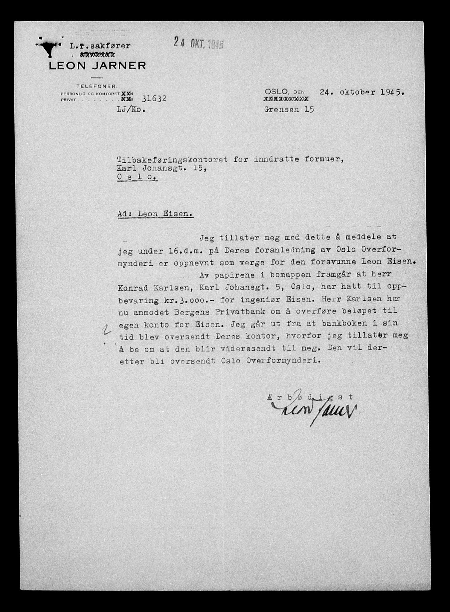 Justisdepartementet, Tilbakeføringskontoret for inndratte formuer, AV/RA-S-1564/H/Hc/Hcc/L0932: --, 1945-1947, s. 618