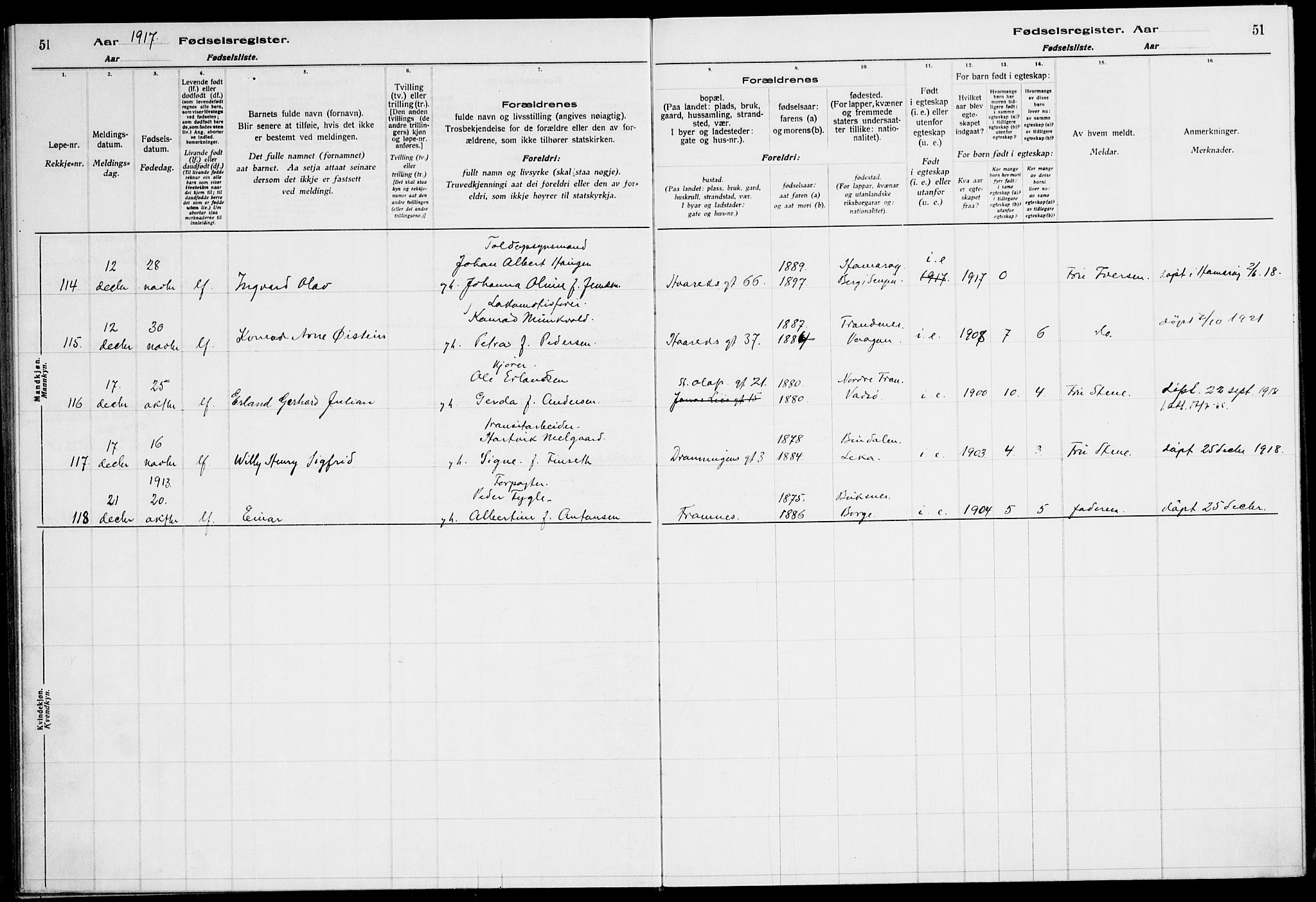 Ministerialprotokoller, klokkerbøker og fødselsregistre - Nordland, AV/SAT-A-1459/871/L1013: Fødselsregister nr. 871.II.4.1, 1916-1924, s. 51