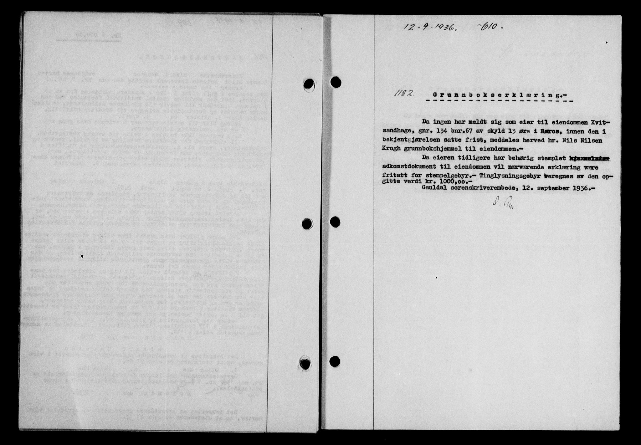Gauldal sorenskriveri, SAT/A-0014/1/2/2C/L0046: Pantebok nr. 49-50, 1936-1937, Dagboknr: 1182/1936