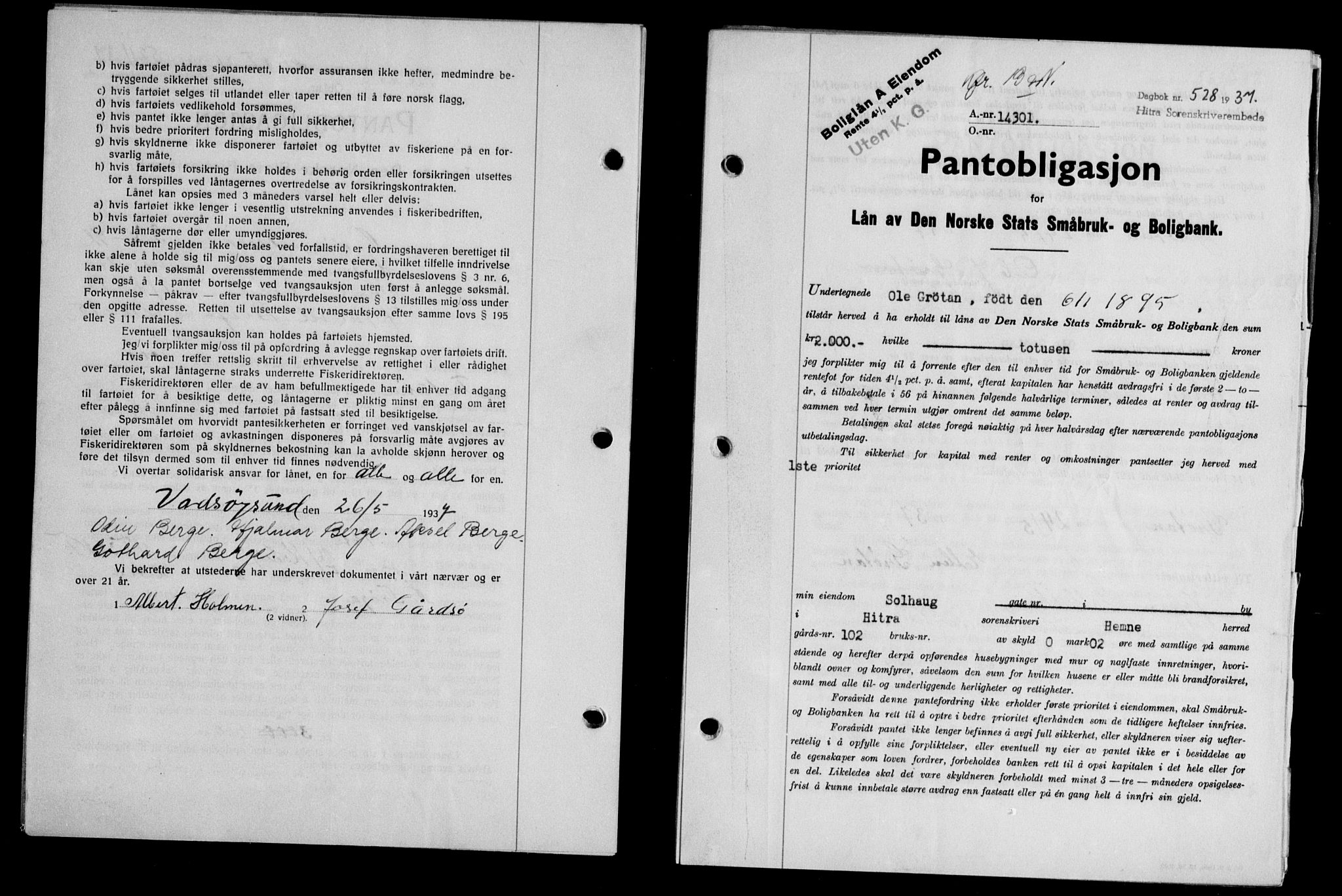 Hitra sorenskriveri, AV/SAT-A-0018/2/2C/2Ca/L0028: Pantebok nr. B-1, 1936-1939, Dagboknr: 528/1937